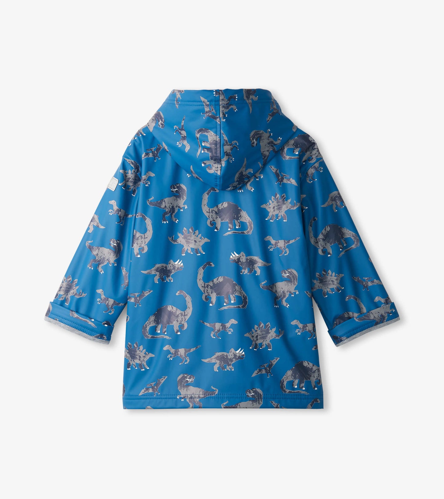 Blue zip-up rain jacket featuring a dinosaur print, with a hood and long sleeves. Back view shown.