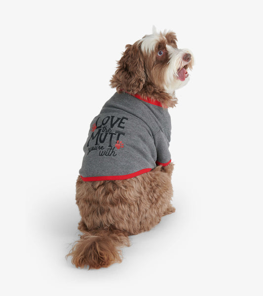 Gray dog tee with red trim featuring the text "Love the Mutt you're with," worn by a fluffy dog sitting.