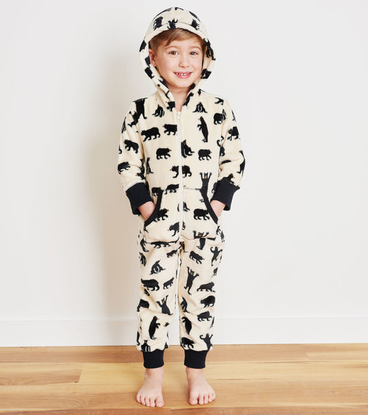 Hooded fleece jumpsuit featuring a cream background with black bear patterns, designed for kids.