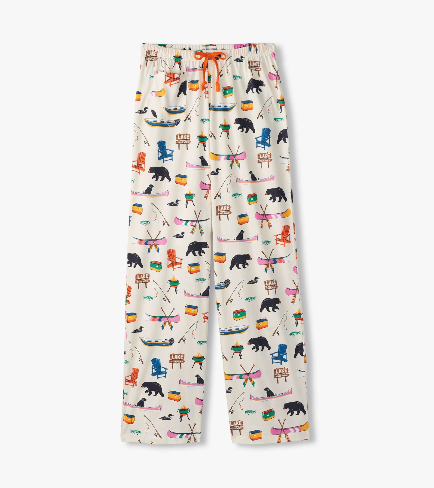 Cream cotton pajama pants featuring a colorful lake-themed pattern with bears, boats, and fishing gear.