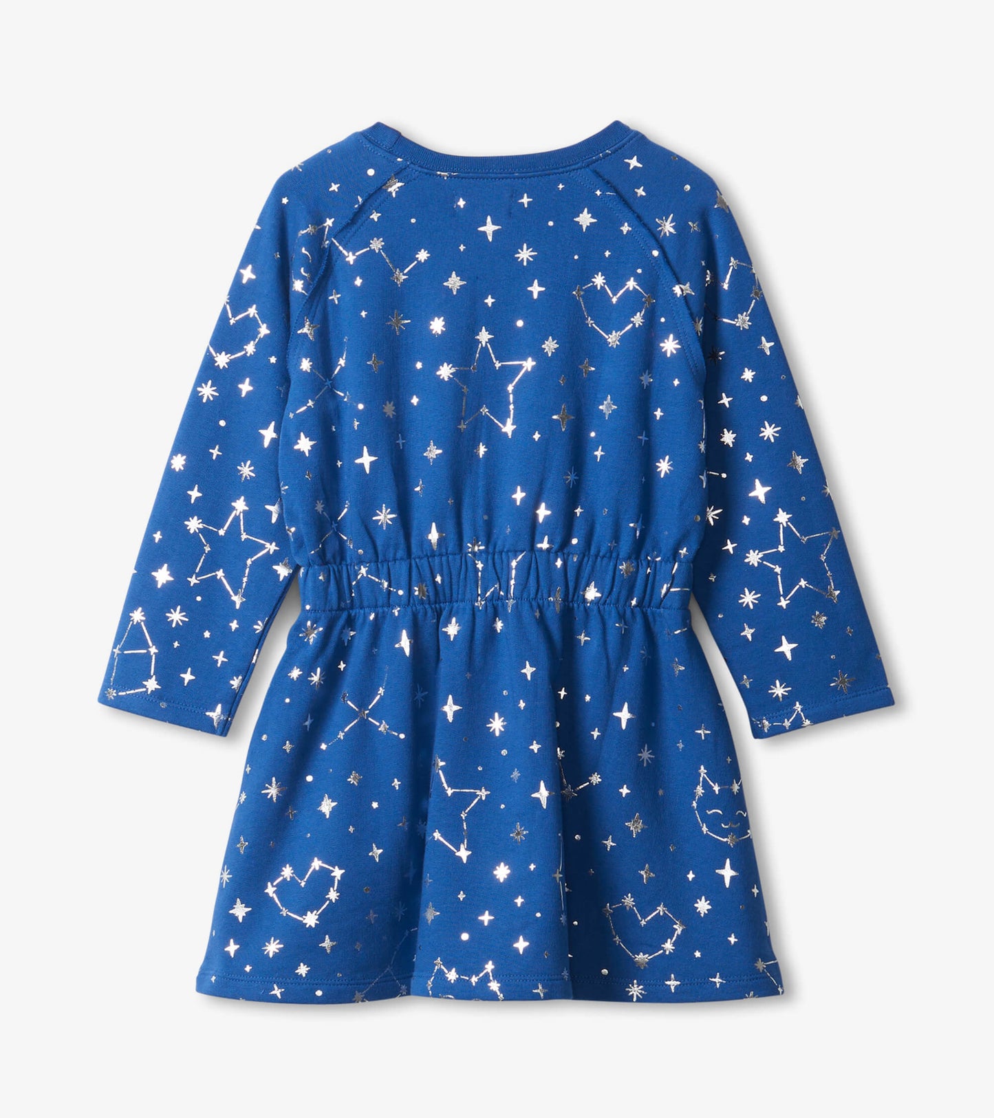 Blue terry dress featuring silver constellation patterns, long sleeves, and an elasticized waist for a comfortable fit.