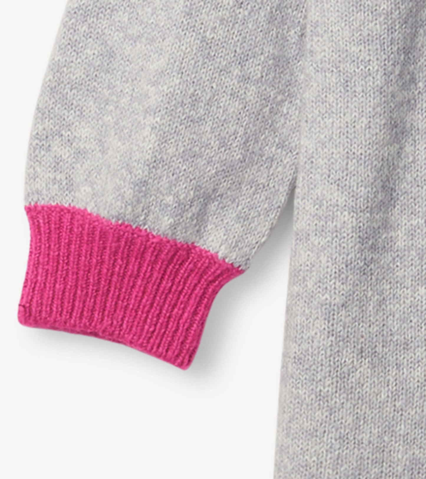 Gray sweater dress with pink ribbed cuffs, featuring a soft knit texture suitable for girls.