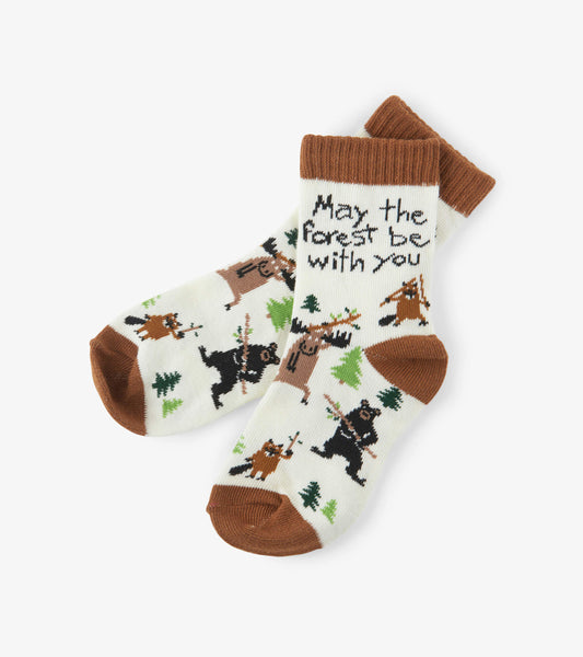 Cream crew socks featuring playful forest animal designs and brown accents, suitable for kids ages 2-7.