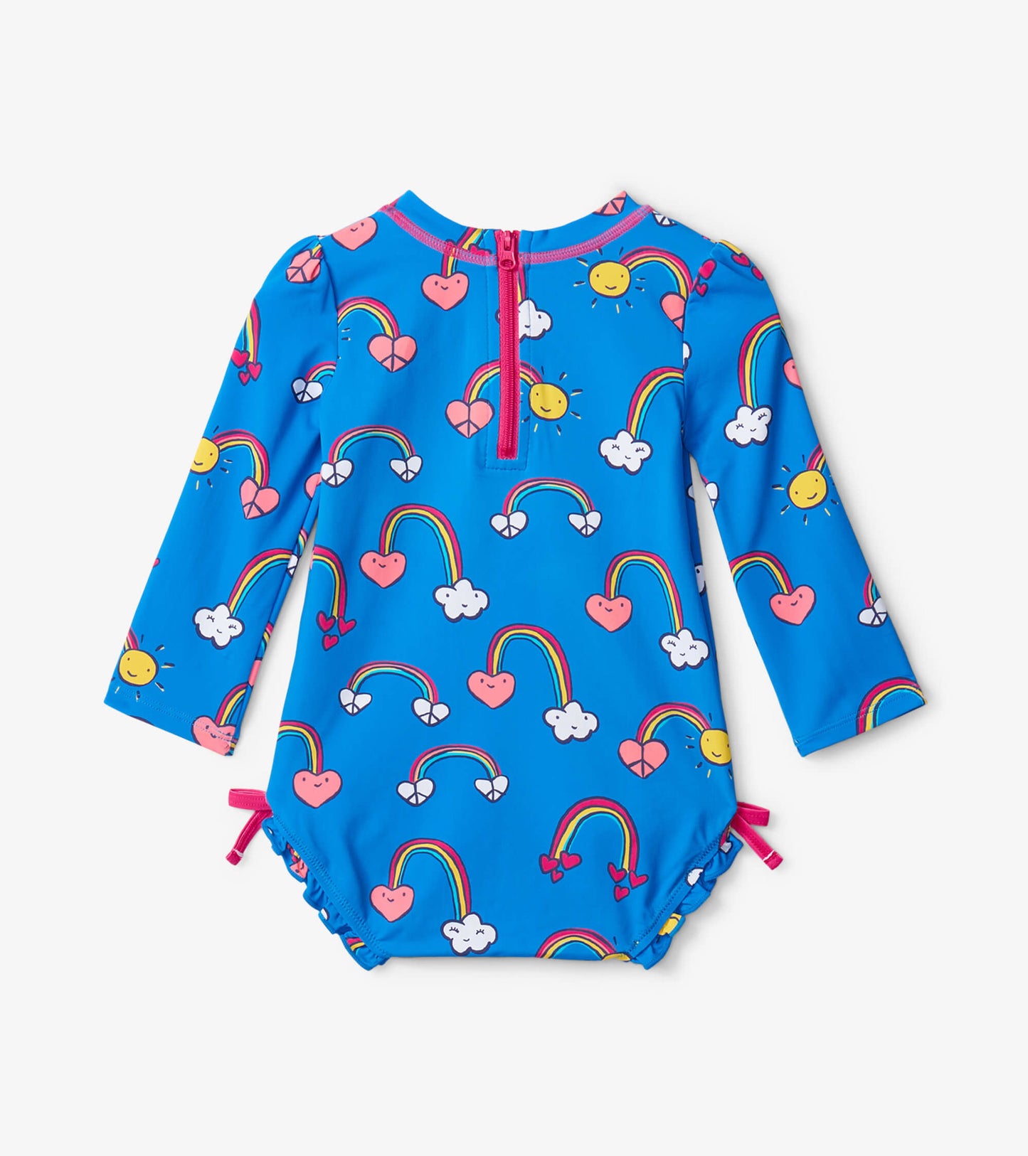 Blue long-sleeve baby rashguard swimsuit with rainbow, heart, and sun patterns, featuring a back zipper and adjustable ties.