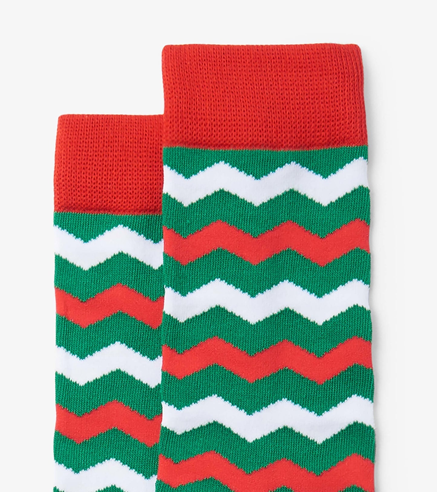 Red, green, and white zigzag patterned socks with a ribbed cuff, designed for casual wear.