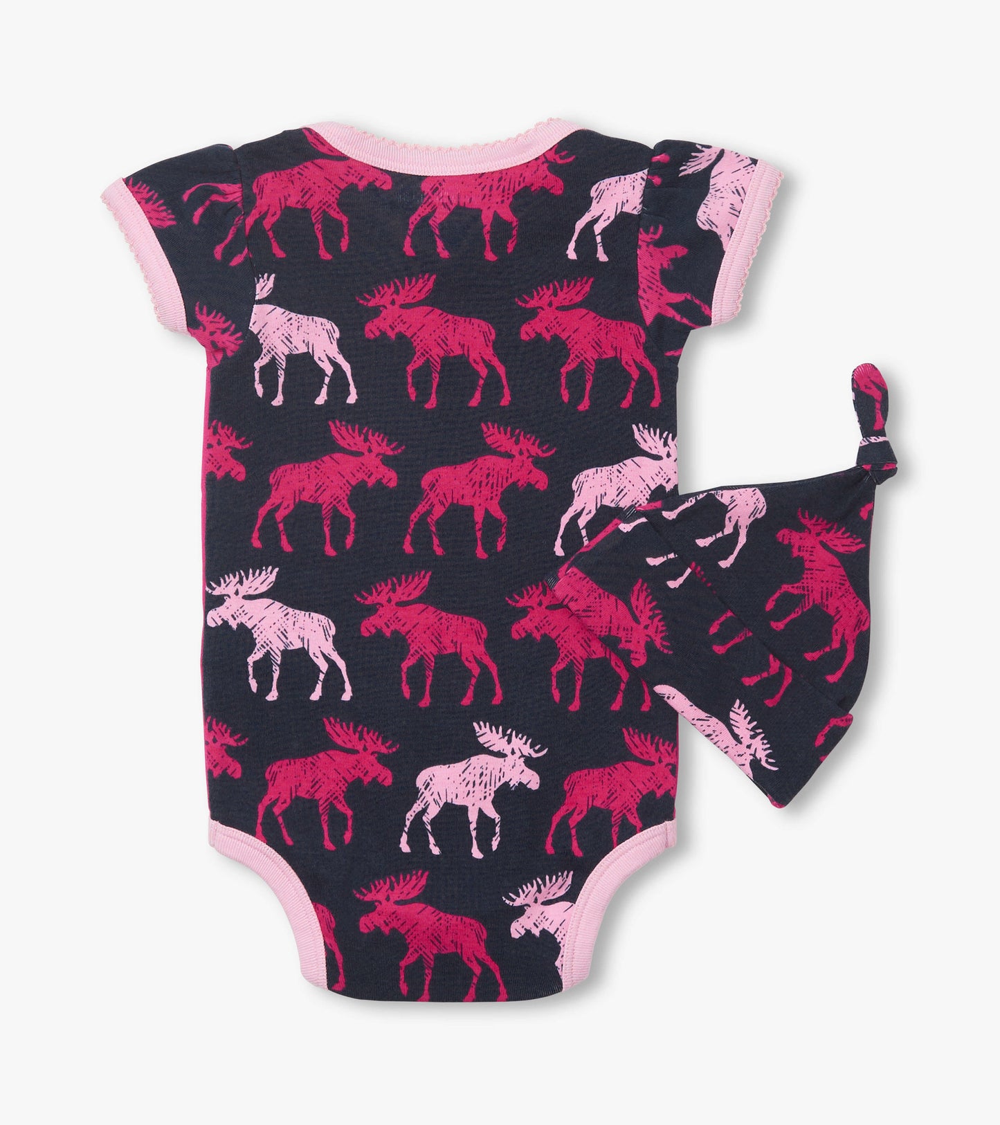 Navy baby bodysuit with pink moose pattern and matching hat, featuring short sleeves and a snap closure at the bottom.