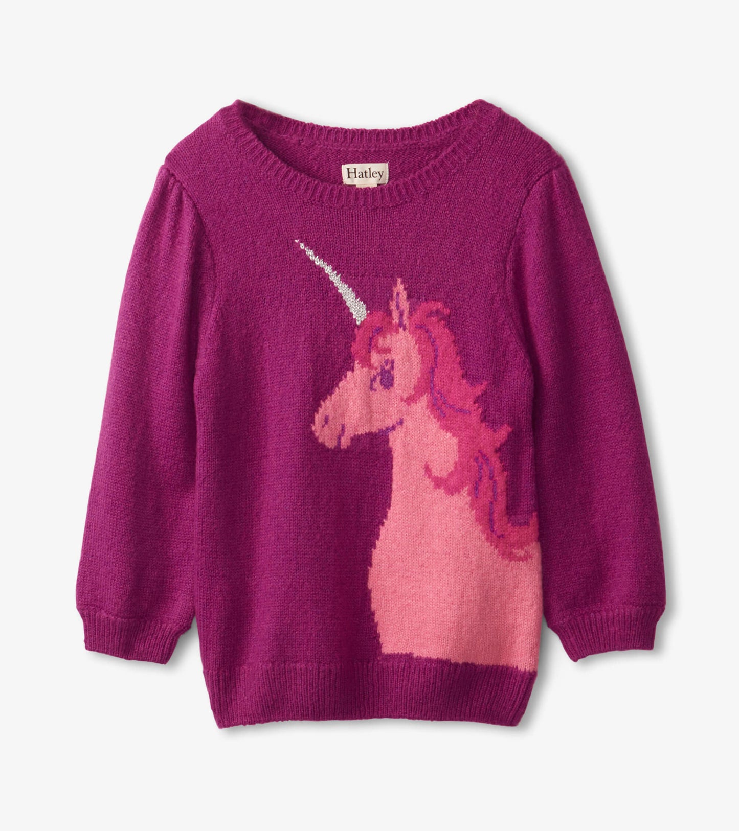 Fuchsia sweater featuring a pink unicorn design with a white horn, perfect for young children.