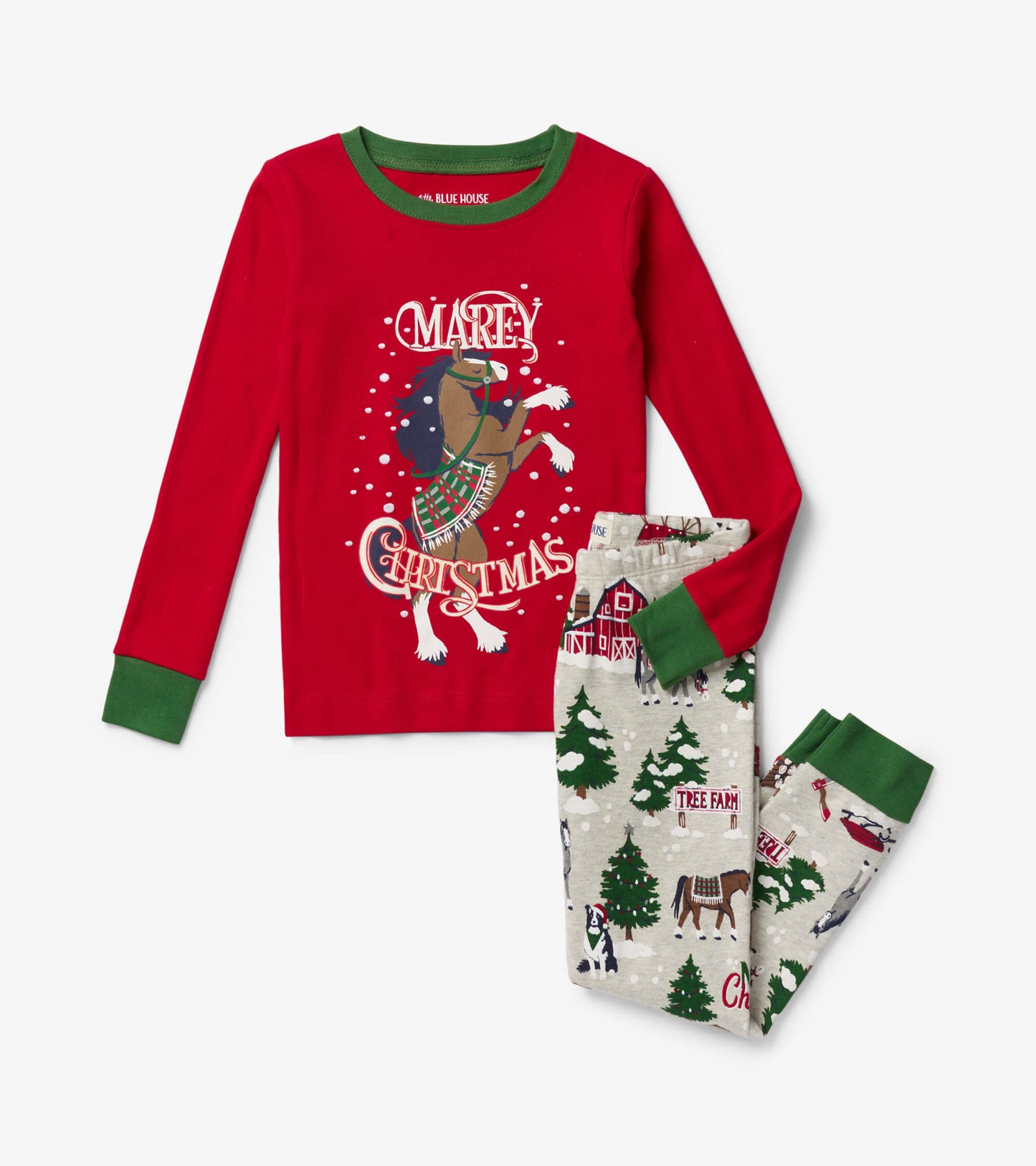 Red long-sleeve pajama top with horse graphic and green accents, paired with gray pants featuring Christmas tree and barn pa…