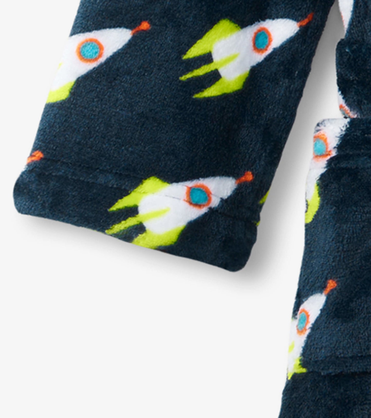 Navy fleece robe featuring colorful rocket patterns, perfect for kids' cozy wear.