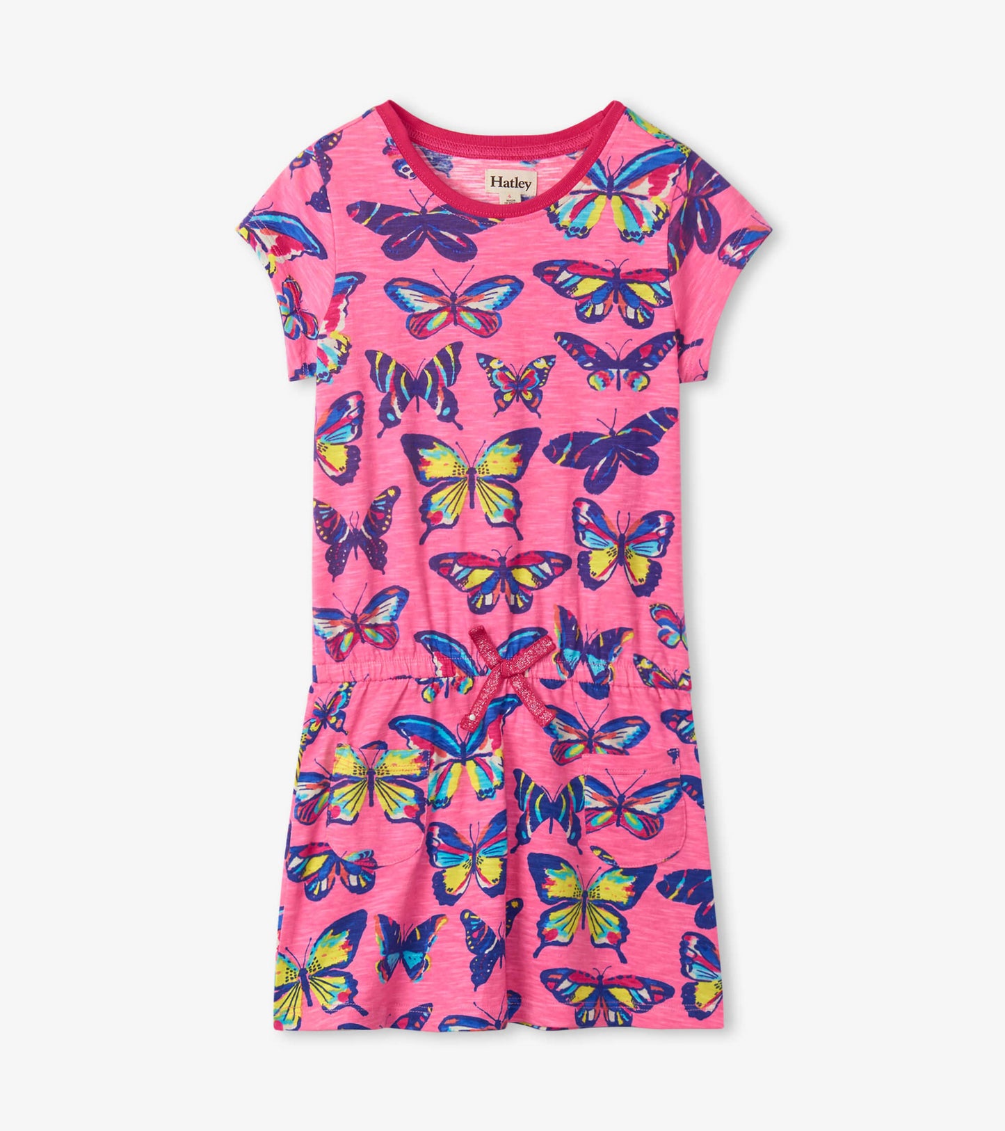 Pink drop waist dress featuring a vibrant butterfly print and short sleeves. Ideal for casual wear.