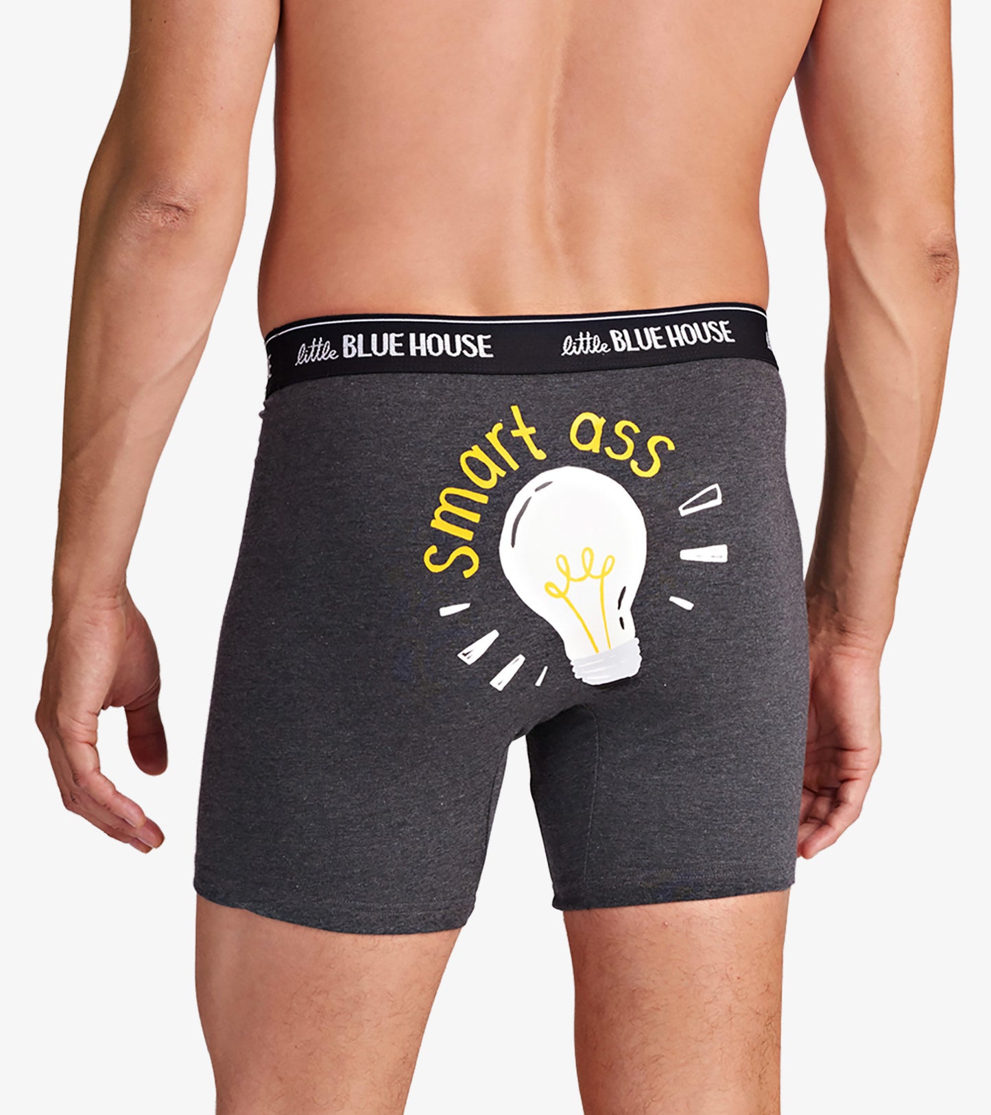 Gray boxer briefs featuring a glow-in-the-dark light bulb graphic and the phrase "smart ass" on the back.