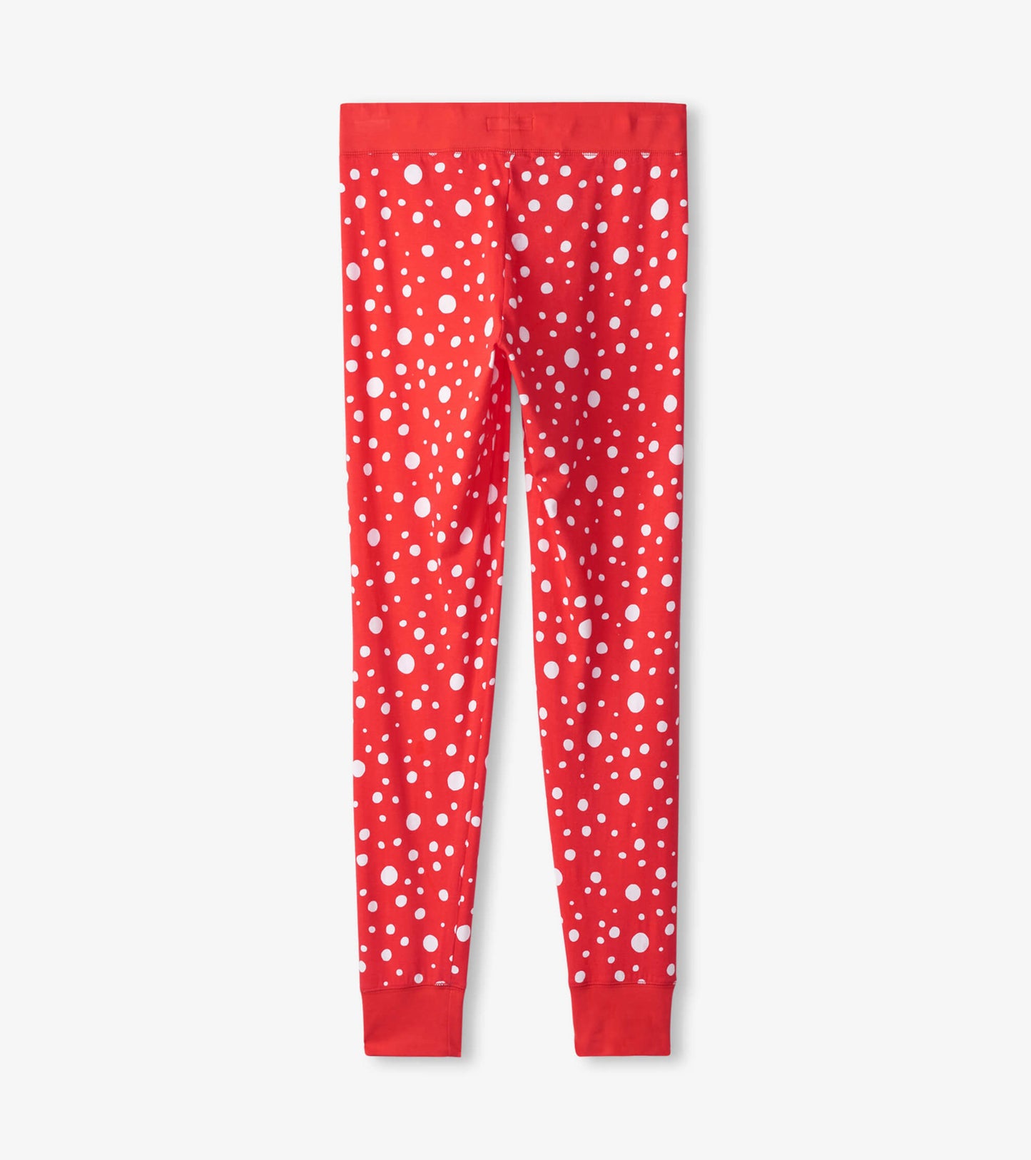 Red leggings with a white polka dot pattern, featuring a comfortable waistband and fitted cuffs.