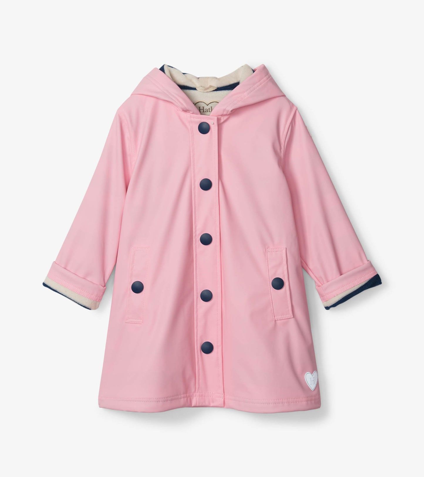 Pink button-up rain jacket with navy accents, hood, and front pockets, suitable for girls.