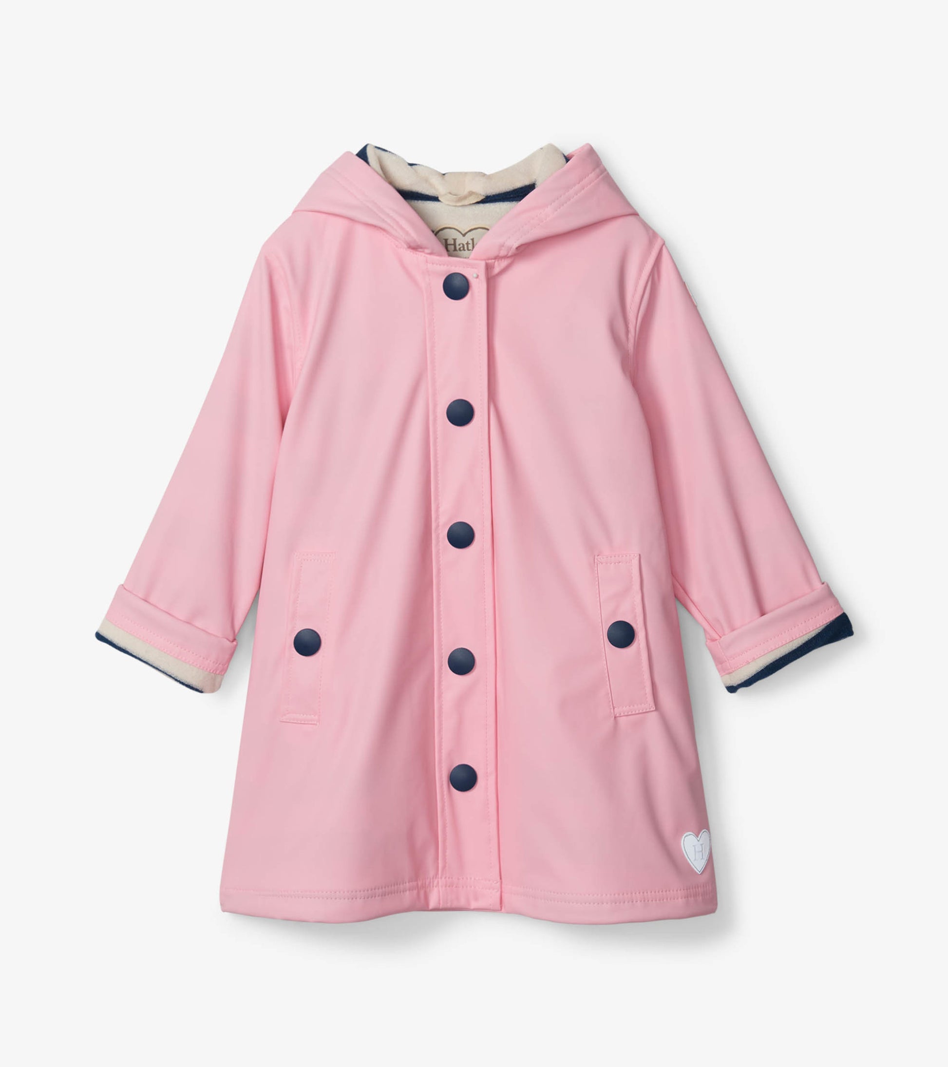 Pink button-up rain jacket with navy accents, hood, and front pockets, suitable for girls.