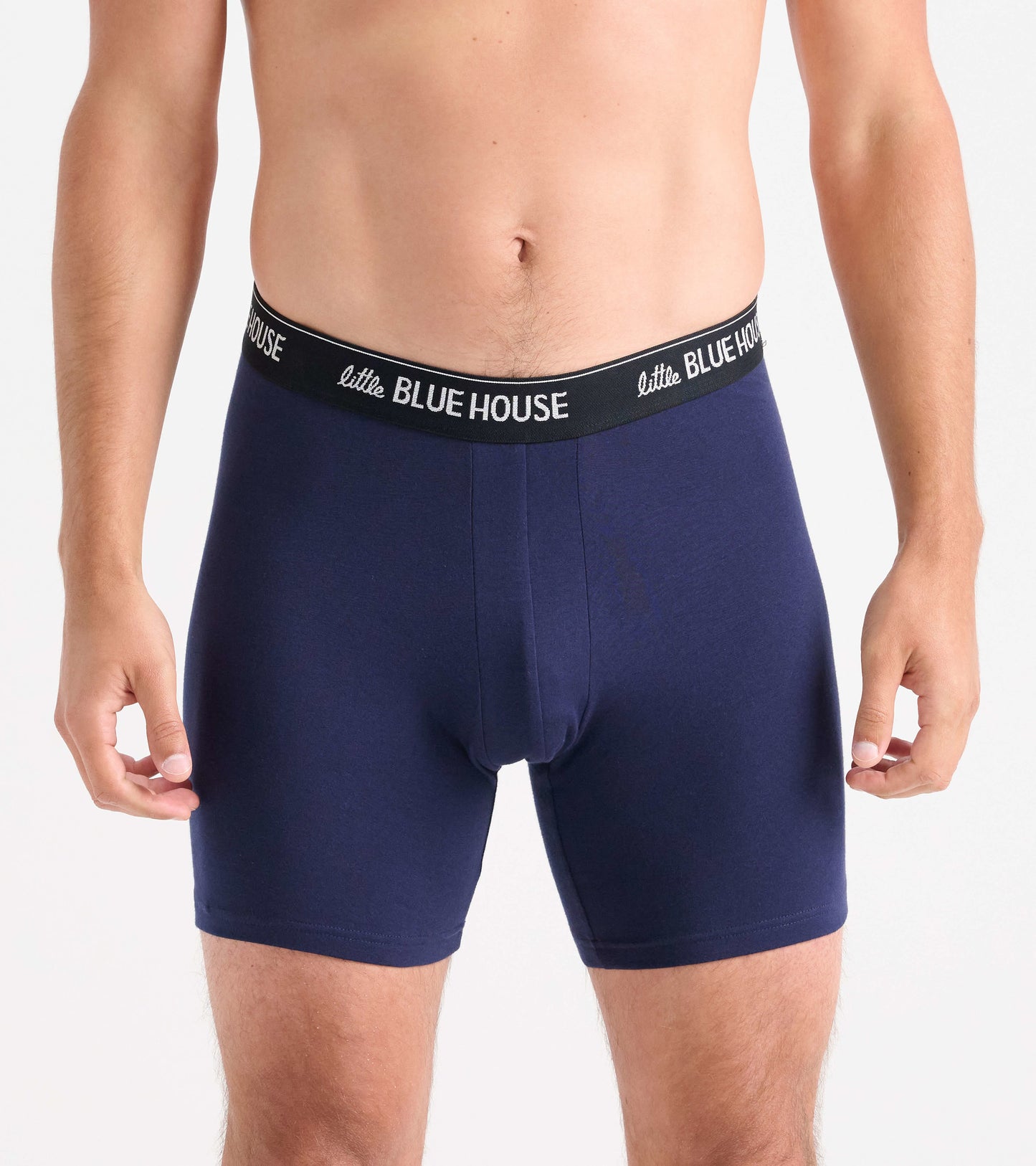 Navy blue men's boxer briefs with a black waistband, featuring a snug fit and soft fabric.