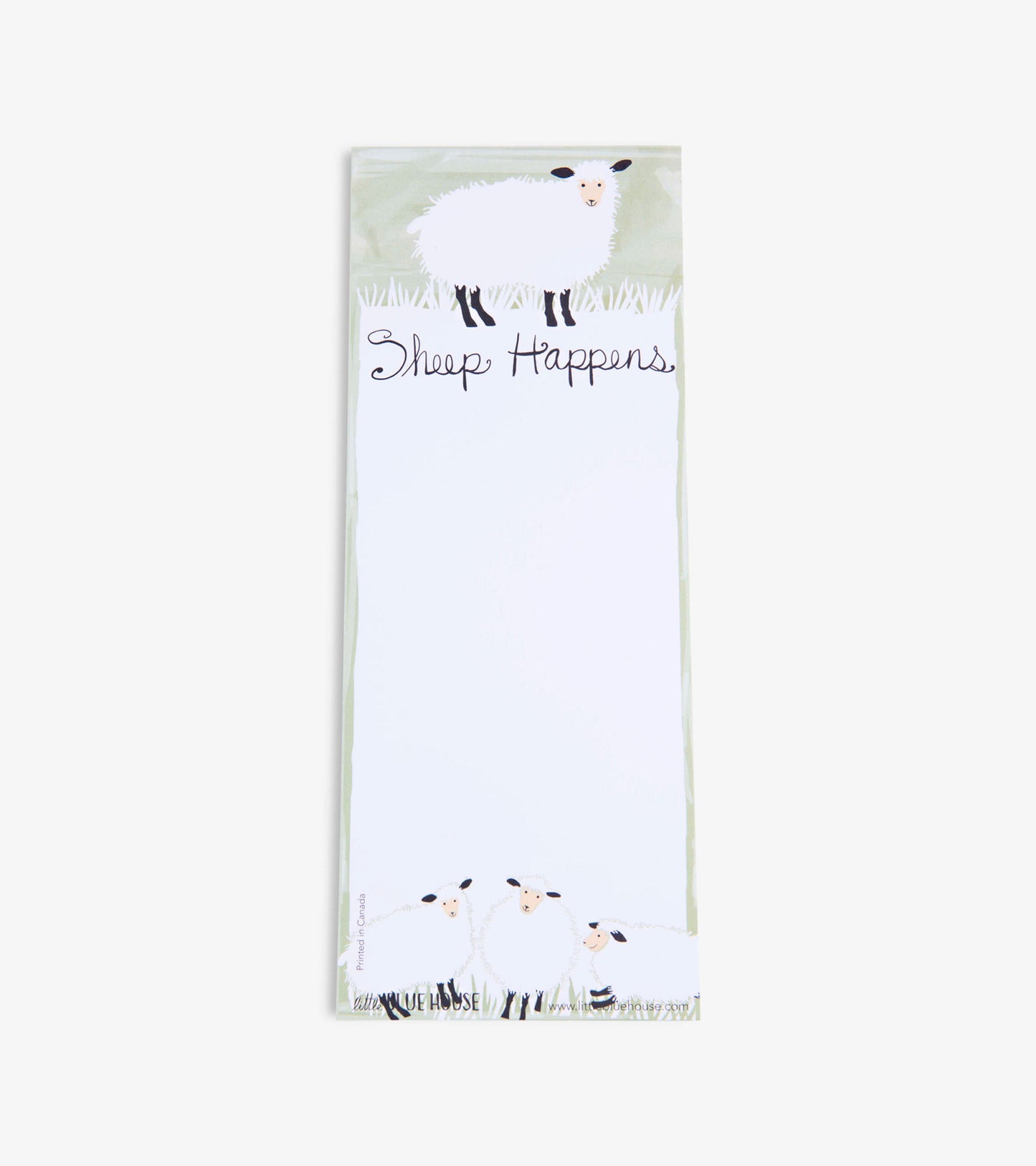 Magnetic notepad featuring sheep illustrations and the phrase "Sheep Happens" on a light green background.