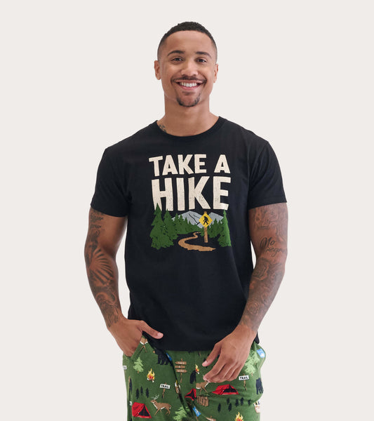 Black men's t-shirt featuring "Take A Hike" graphic with trees and a trail design, suitable for outdoor activities.