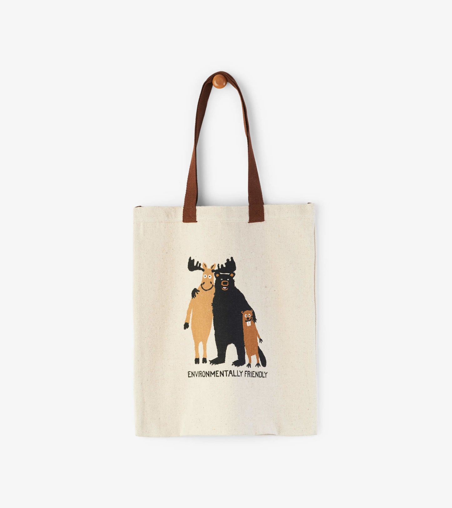 Cream-colored reusable tote bag featuring a moose, bear, and small animal graphic with brown handles.