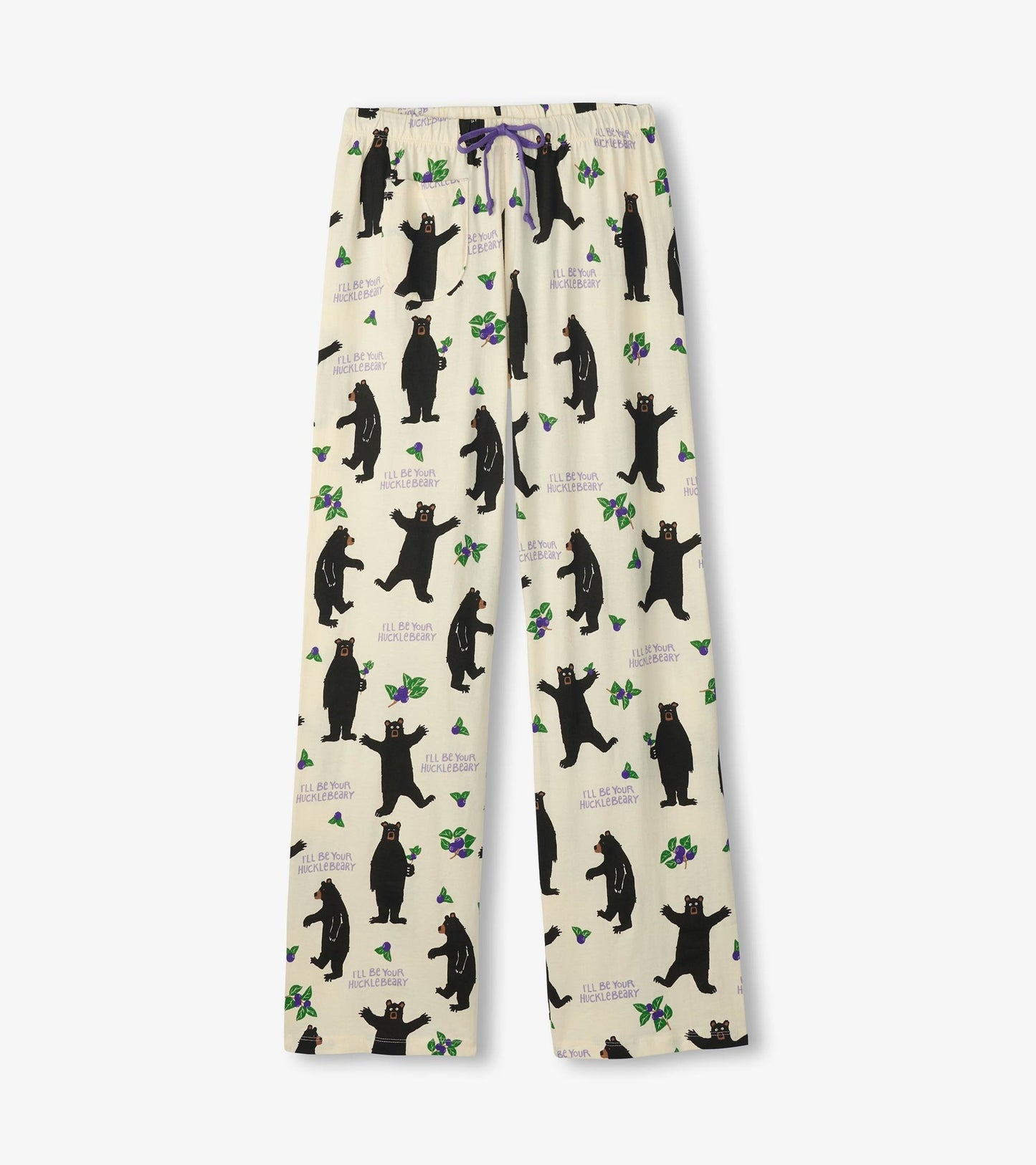 Cream cotton pajama pants featuring a playful bear and huckleberry pattern with a drawstring waist.