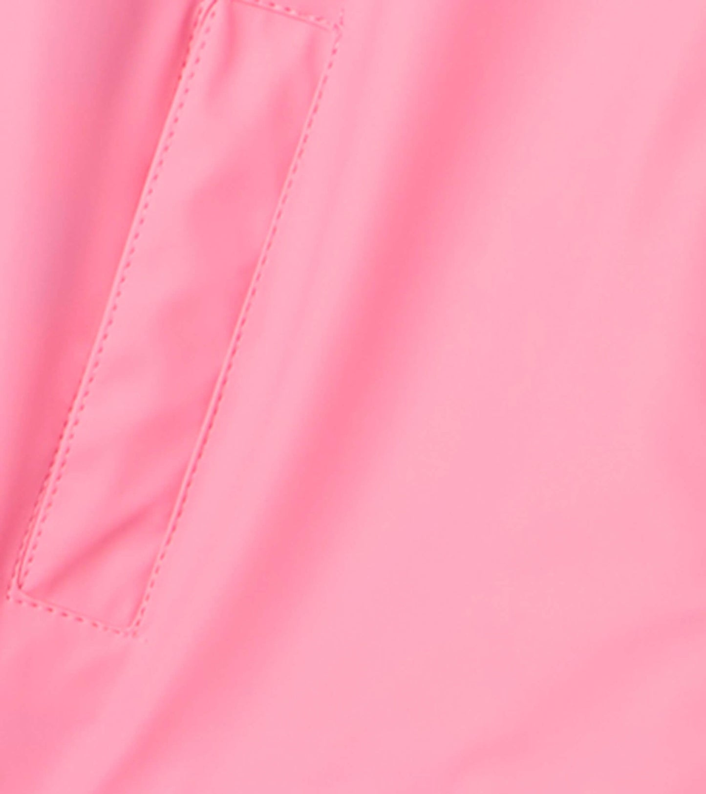 Classic pink zip-up rain jacket with a smooth finish and a pocket detail. Ideal for wet weather.