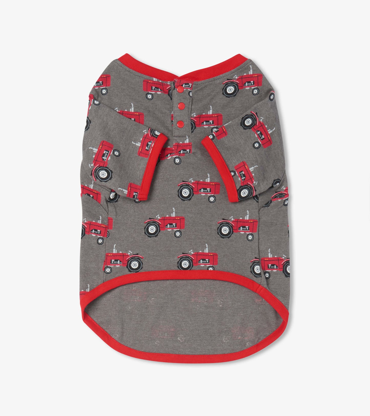 Gray dog tee featuring a tractor print, with red trim and button details at the back. Suitable for casual wear.