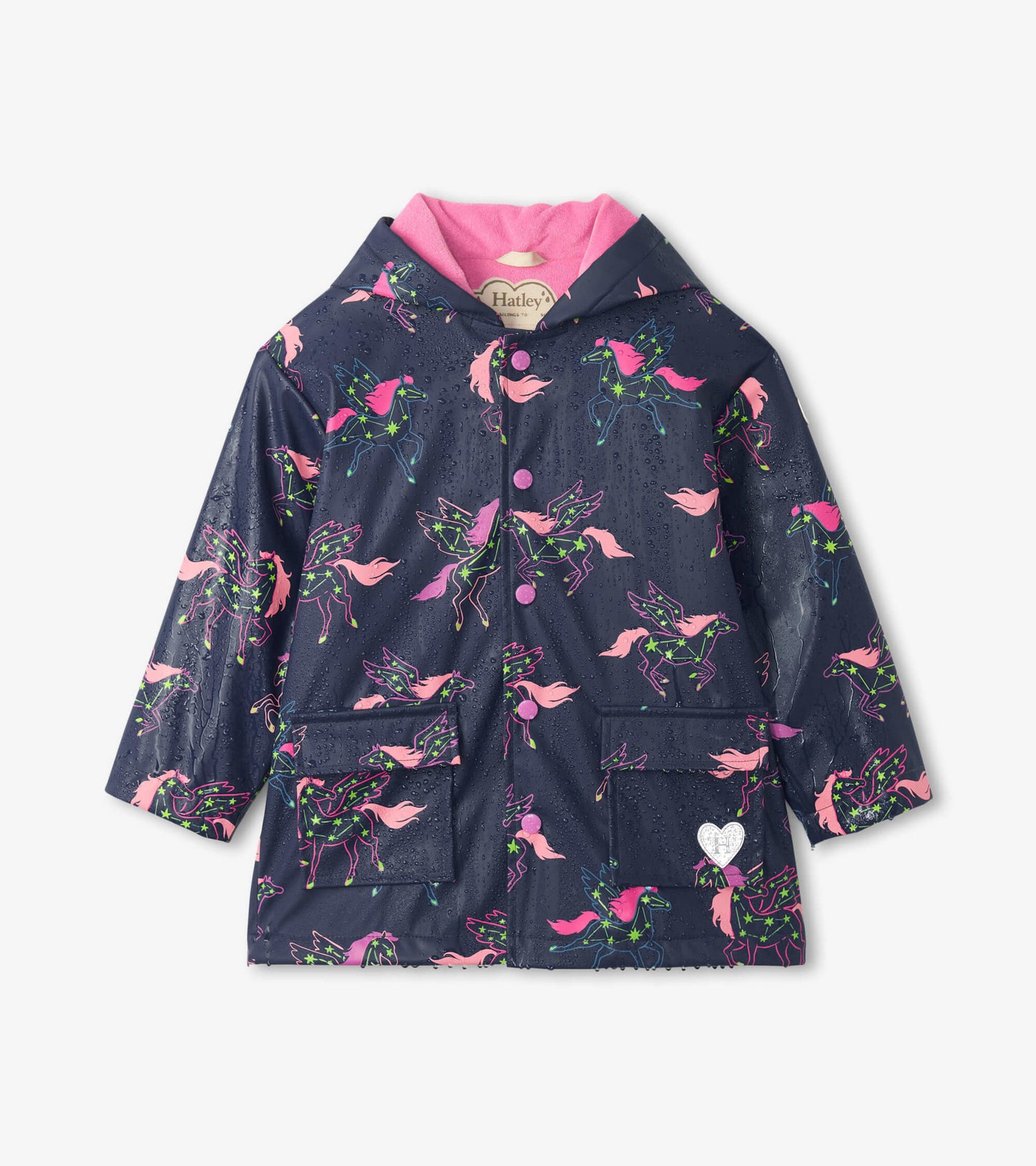 Navy rain jacket featuring colorful unicorn constellations, pink accents, and front pockets. Ideal for rainy days.