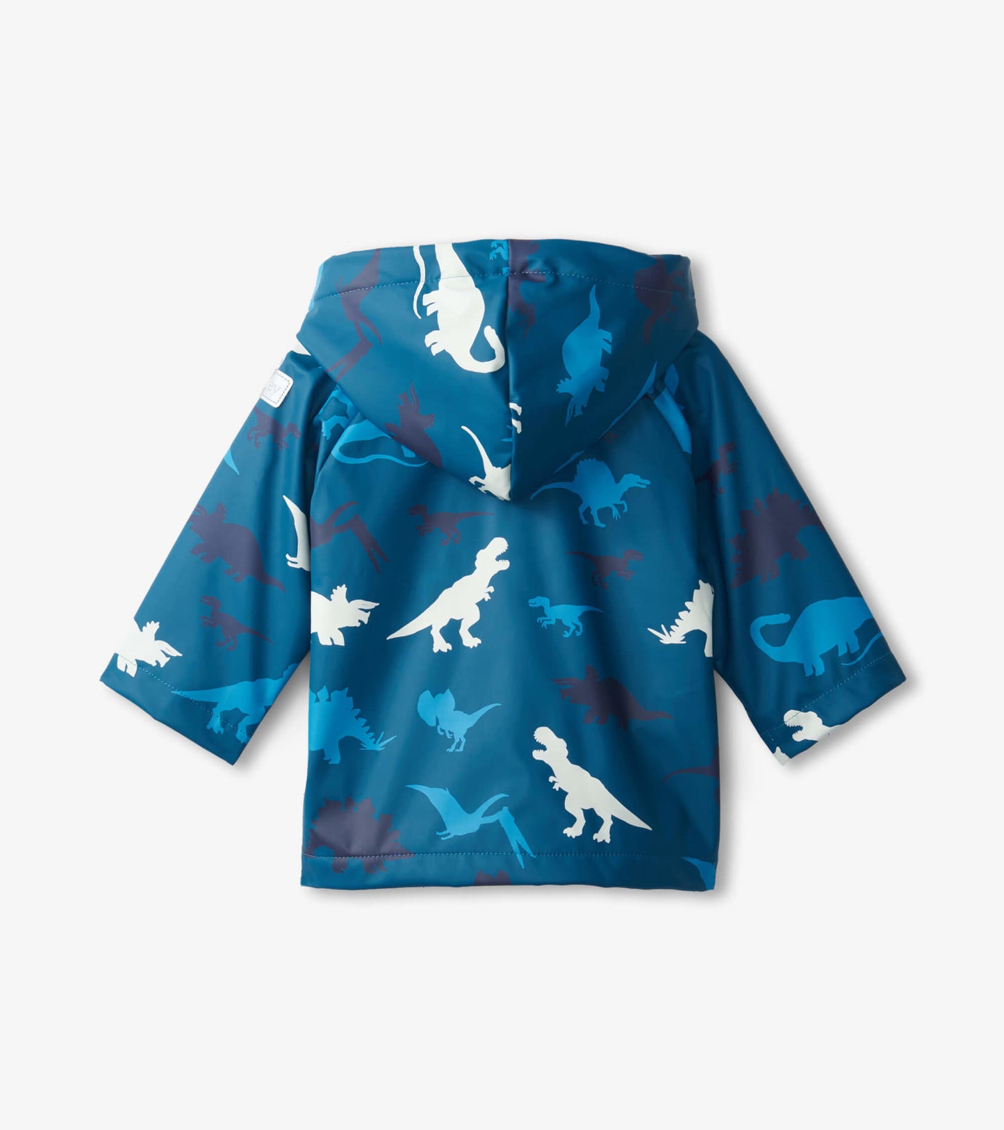 Blue raincoat featuring colorful dinosaur silhouettes, designed for babies with a hood and short sleeves.