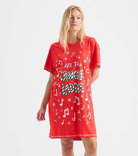 Red sleepshirt featuring a festive graphic with musical notes and stars, designed for comfortable lounging.