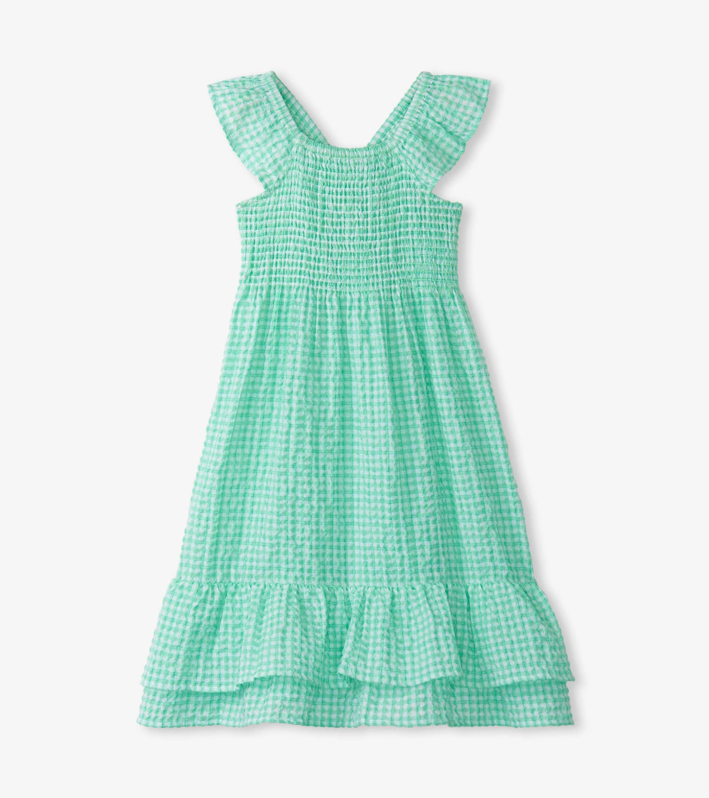 Mint green gingham seersucker dress with smocked bodice and ruffled straps, featuring a flared skirt and tiered hem.