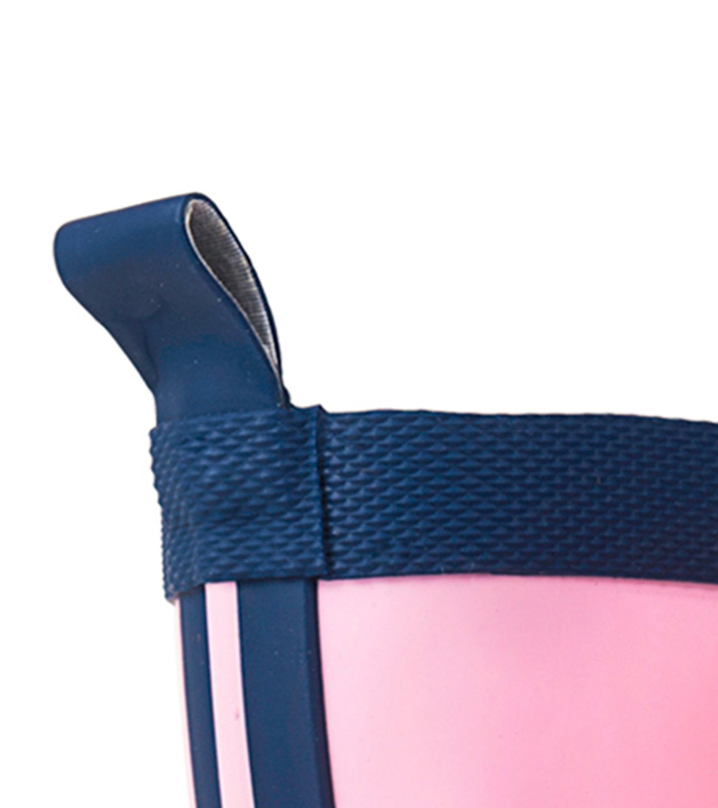 Pink and navy matte rain boots with a textured navy band and pull tab, designed for kids.