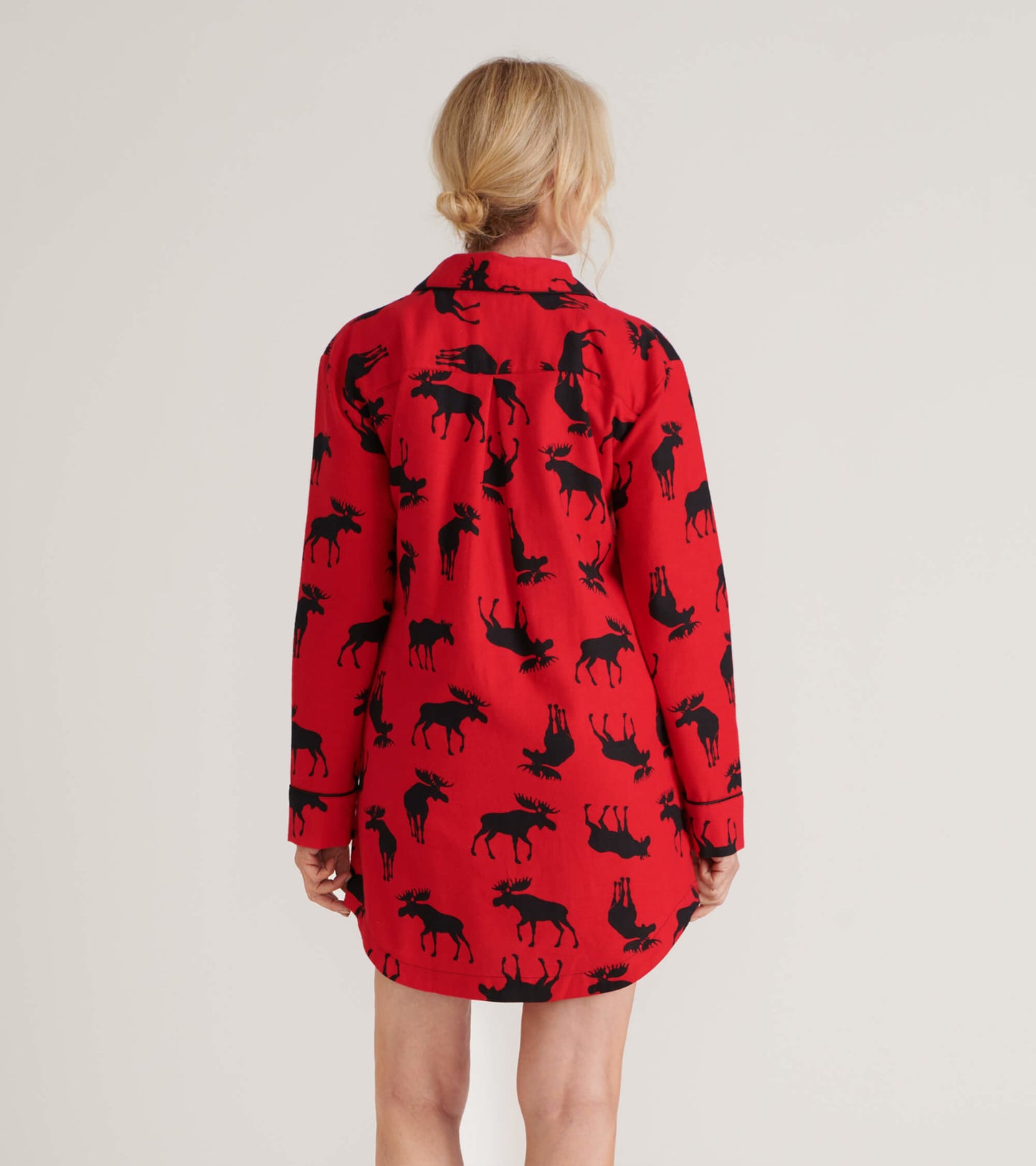 Red flannel nightgown featuring a black moose pattern, with a collared neckline and long sleeves, shown from the back.