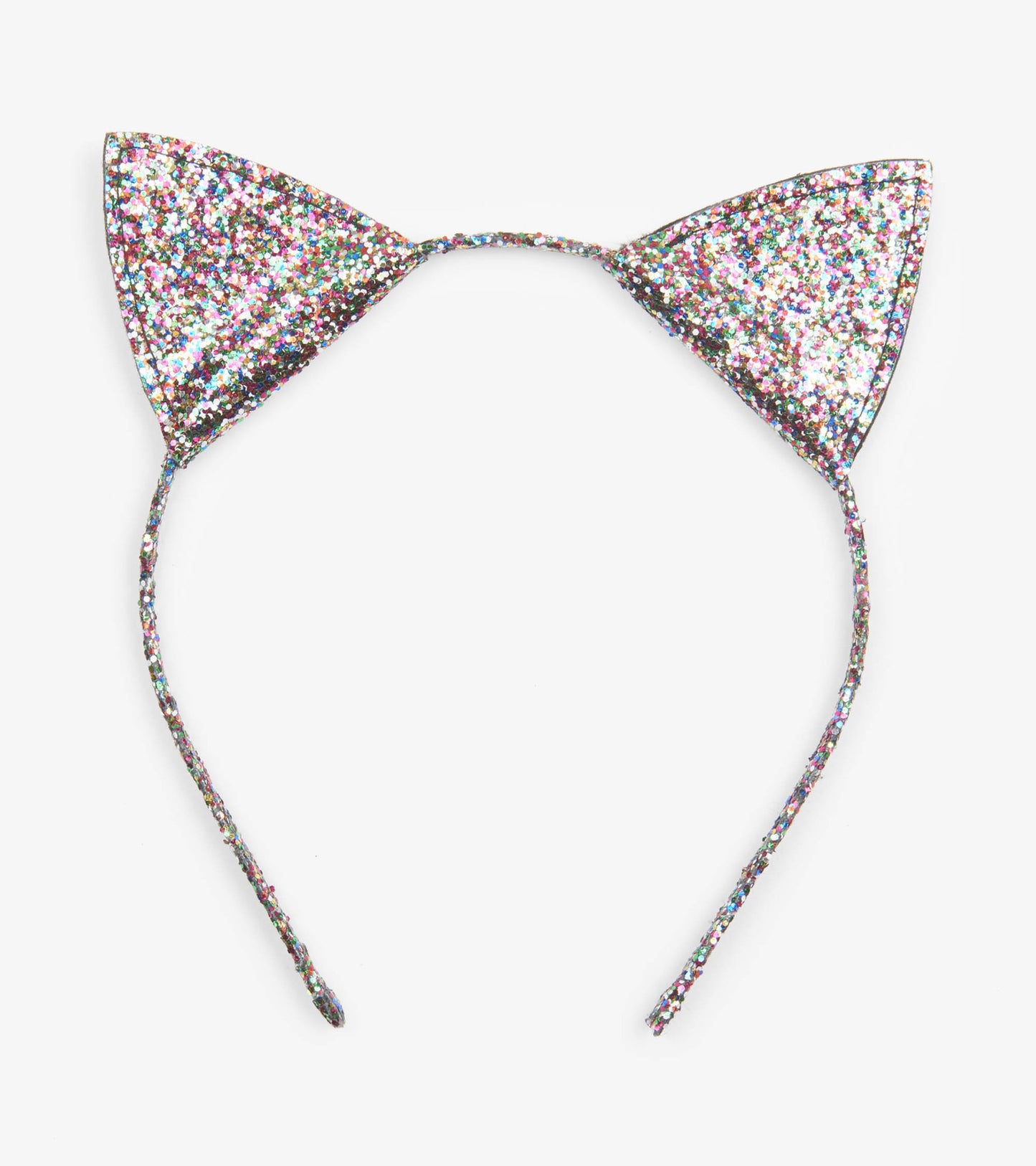 Glittery cat ears headband with a shiny, multicolored glitter finish and a flexible band for comfortable wear.
