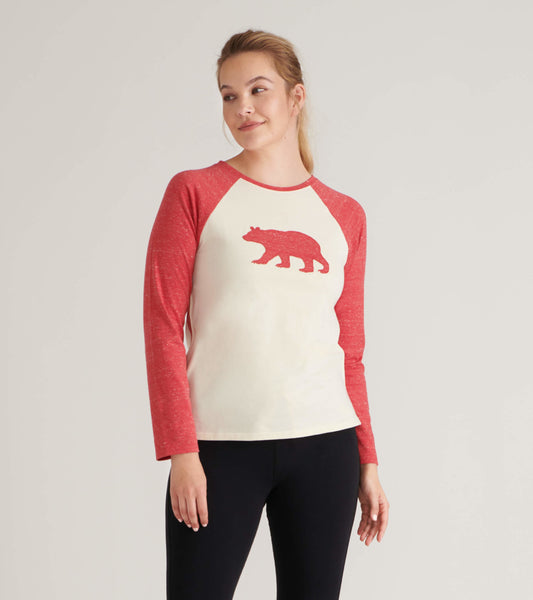 Red raglan long-sleeve tee featuring a bear graphic on a cream body, ideal for casual wear.
