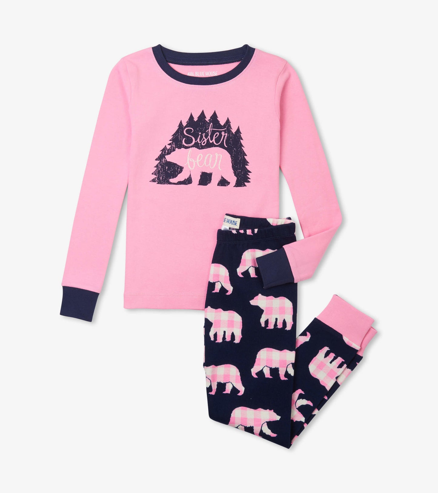 Pink long-sleeve top with "Sister Bear" graphic, paired with navy pants featuring pink bear patterns.
