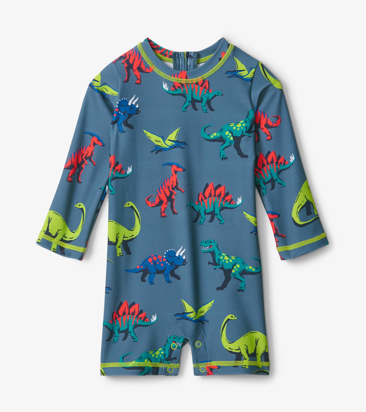 Blue baby rashguard featuring colorful dinosaur prints, long sleeves, and snap closures at the bottom.
