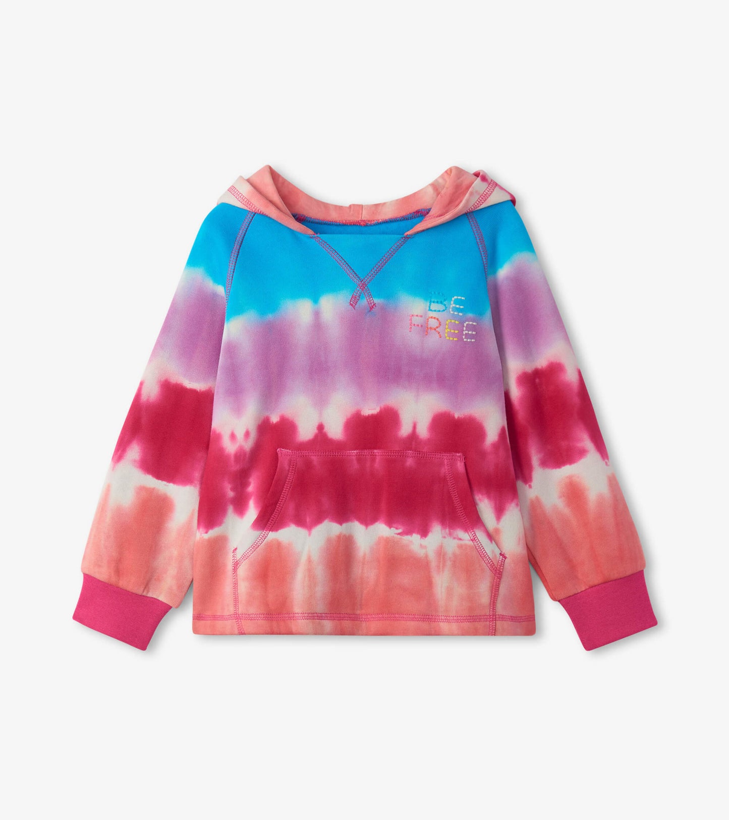 Colorful tie-dye hoodie featuring blue, pink, and purple hues, with a front pocket and "BE FREE" text.