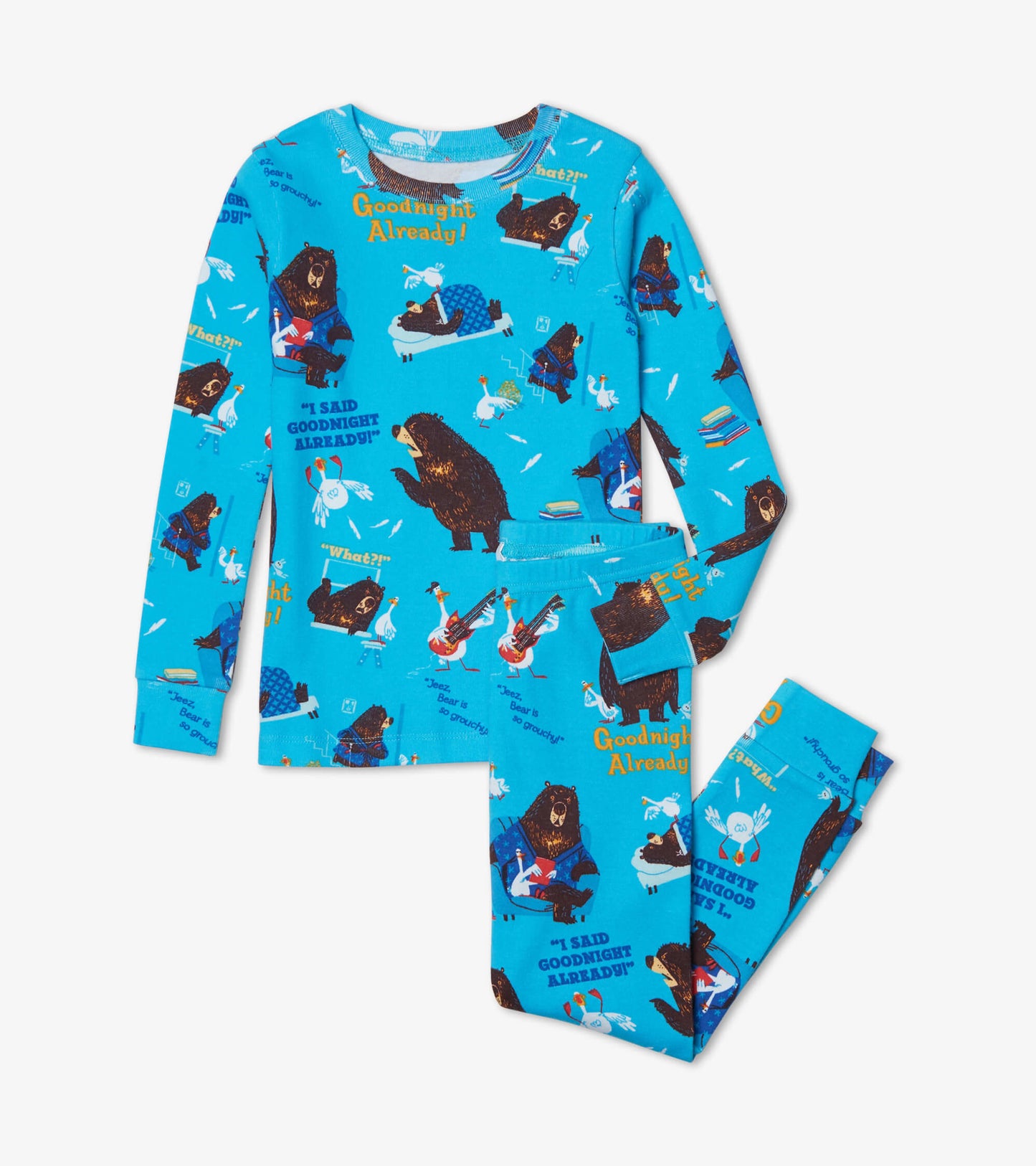 Blue pajama set featuring playful animal illustrations and text, including bears and birds, with long sleeves and pants.