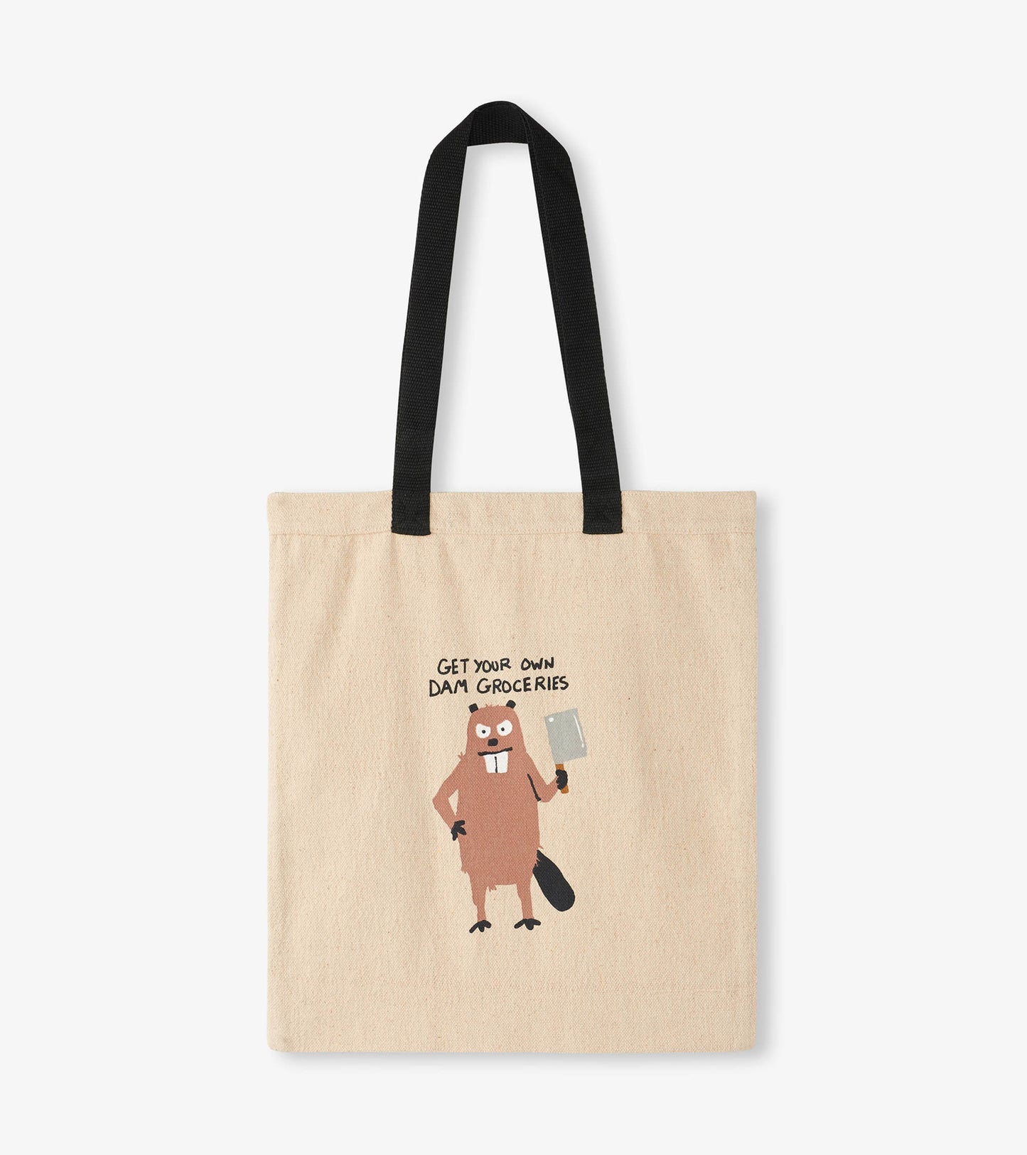 Beige reusable tote bag featuring a cartoon beaver holding a cleaver, with black handles and playful text design.
