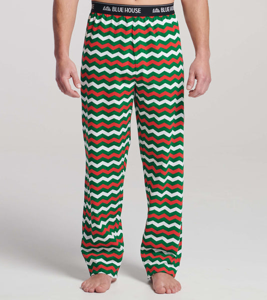 Men's pajama pants in a festive zig-zag pattern of red, green, and white, made from stretch cotton for comfort.