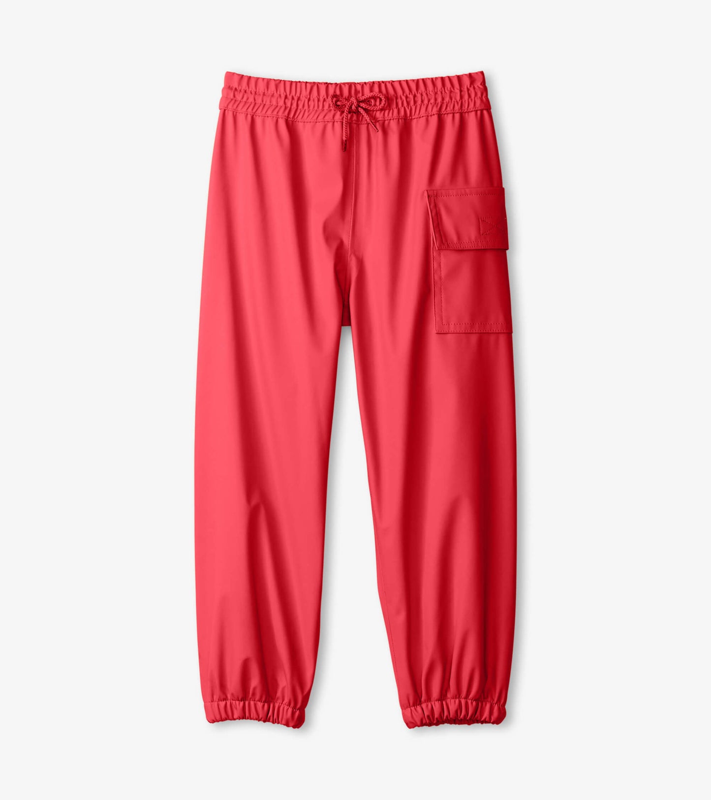 Red waterproof kids' rain pants with an elastic waistband and side pocket. Suitable for outdoor play in wet weather.
