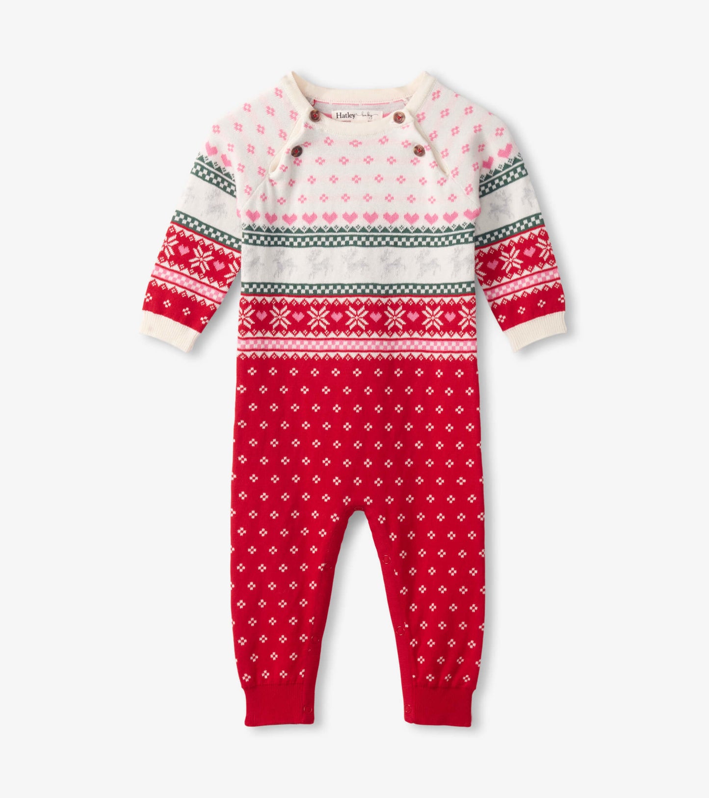 Red and white Fairisle patterned sweater onesie with long sleeves and button details at the neckline.