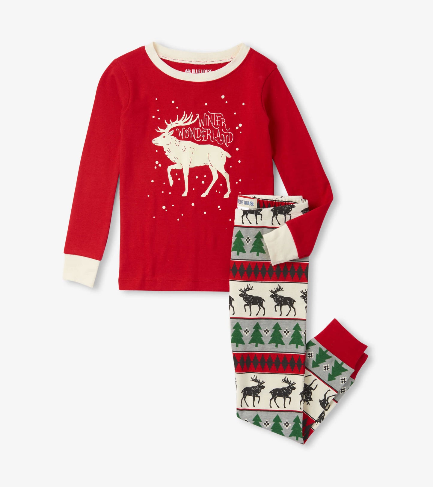 Red long-sleeve pajama top with moose graphic, paired with cream pants featuring Fair Isle pattern of trees and moose.