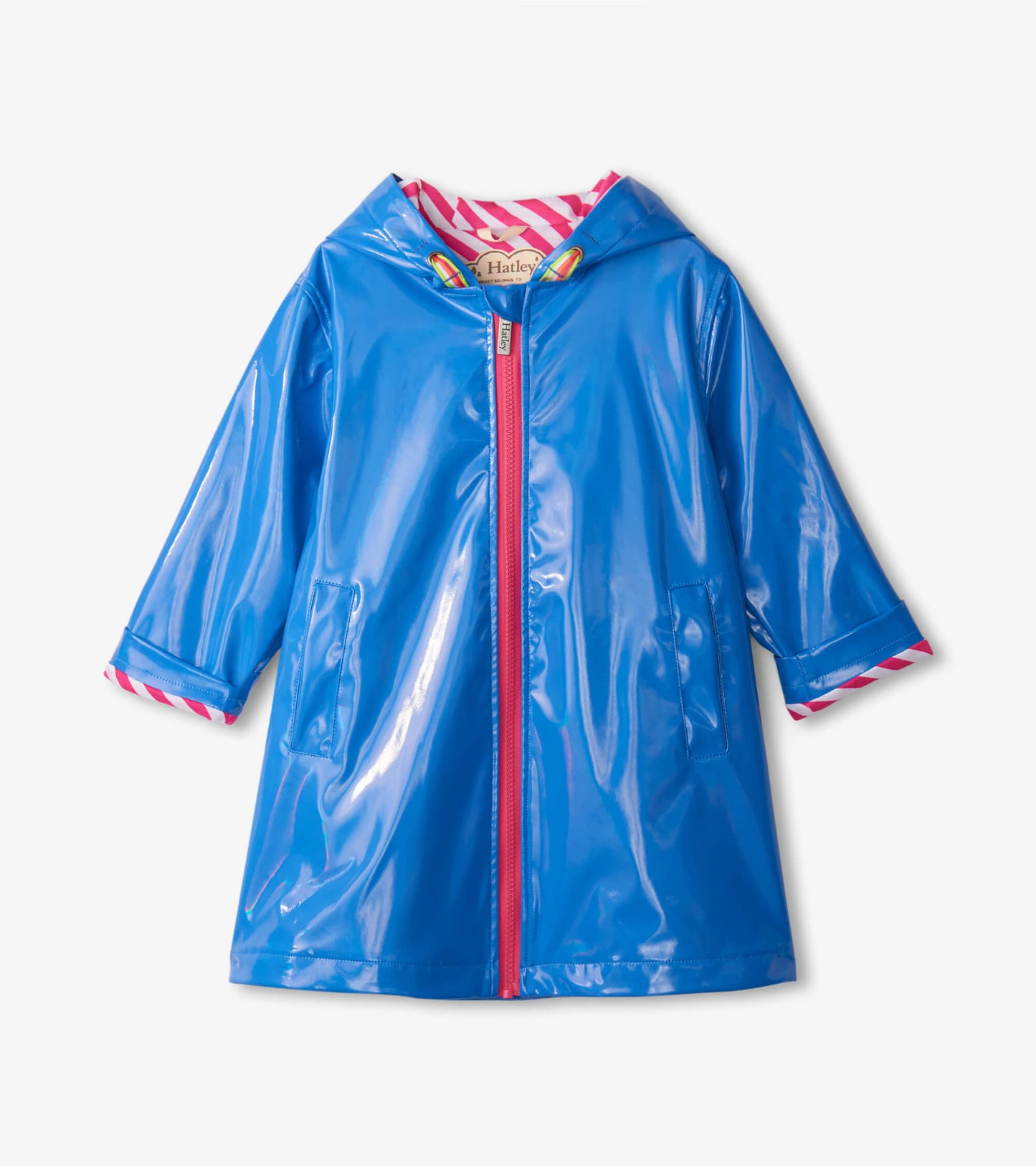 Blue glitter swing jacket with a hood, featuring a pink zipper and striped cuffs, designed for girls.