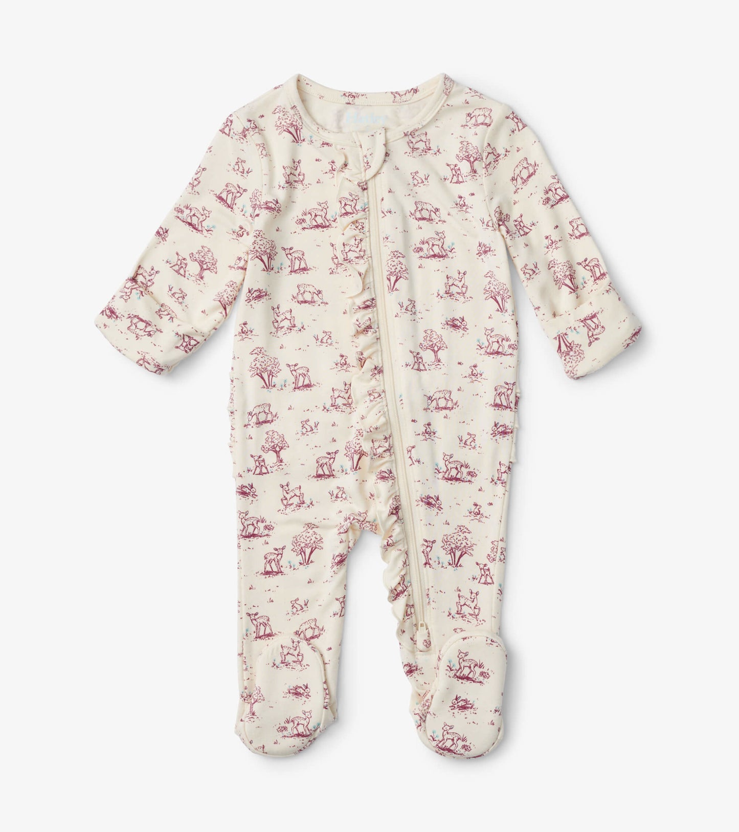 Cream footed sleeper with ruffle detailing, featuring a whimsical animal print in burgundy. Zipper closure for easy dressing.