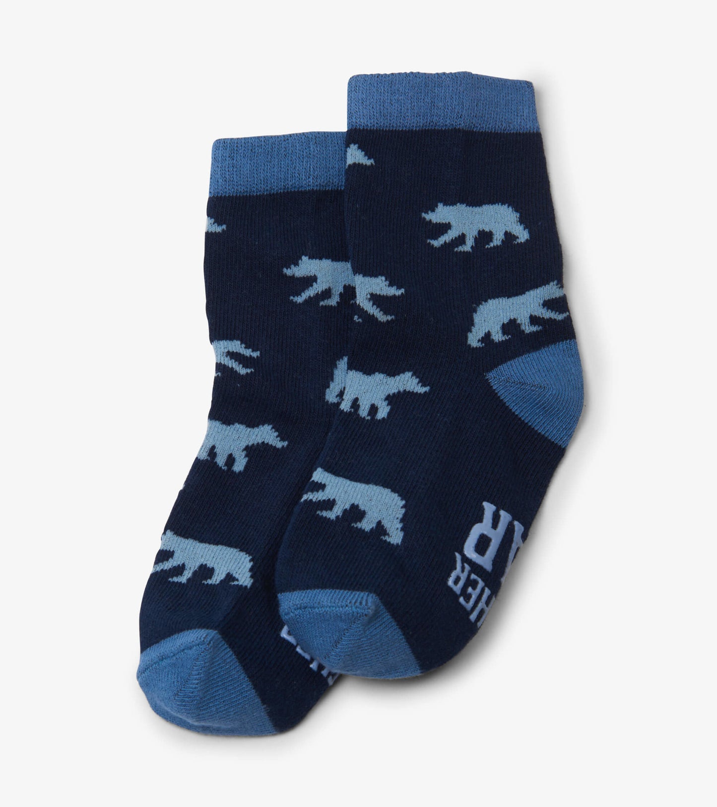 Navy crew socks featuring light blue bear patterns, suitable for kids ages 2-7.