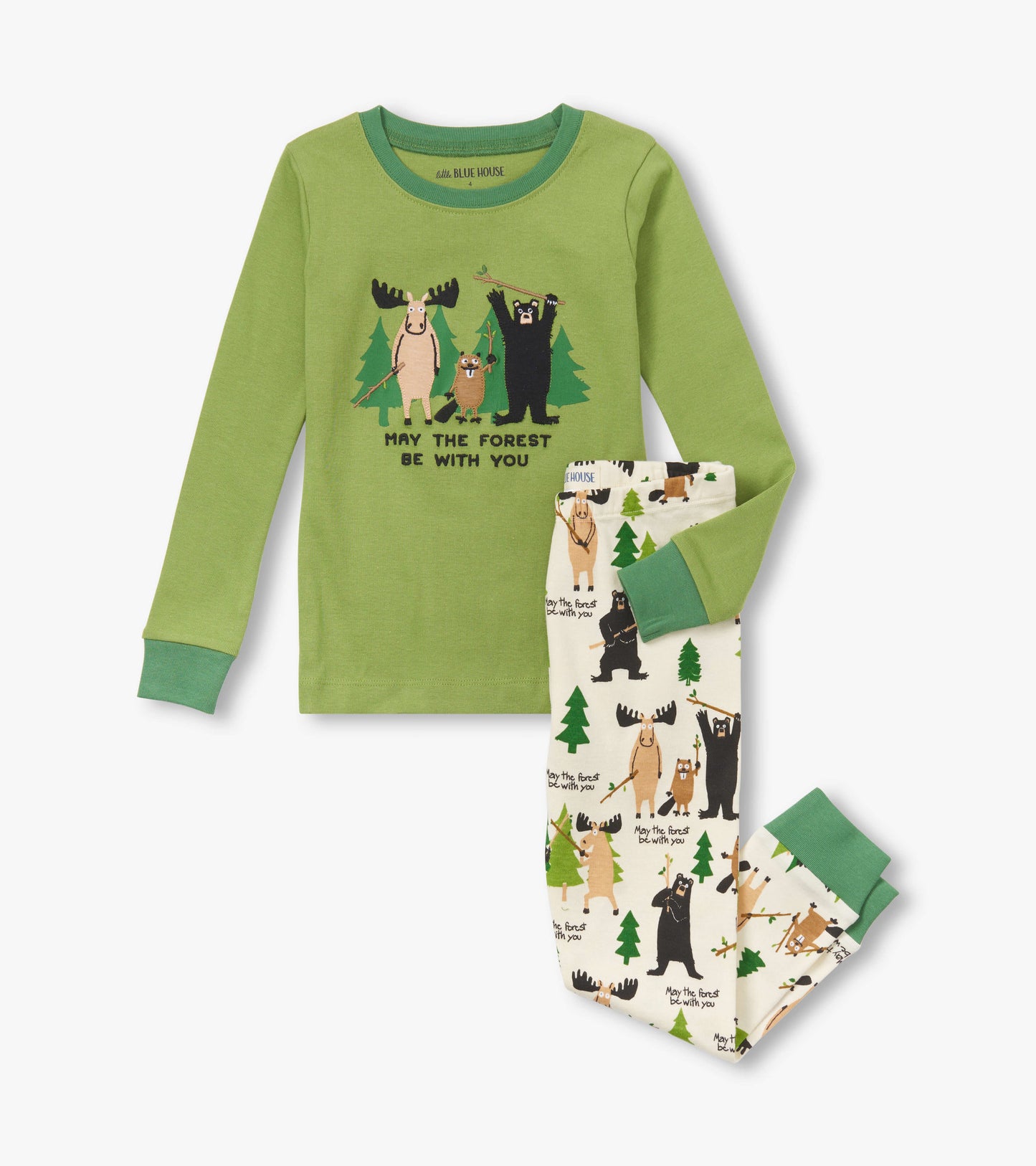Green long-sleeve top with animal graphic and cream pants featuring forest-themed print. Suitable for kids.