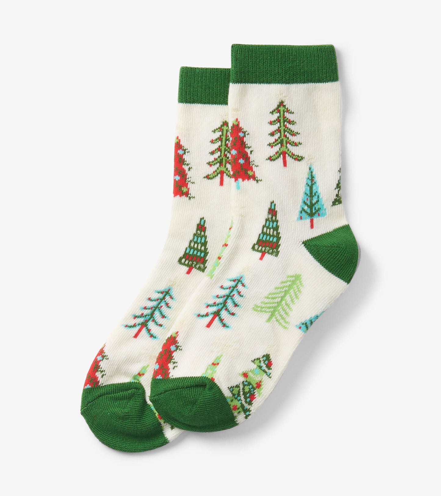 Cream socks featuring colorful Christmas tree patterns with green cuffs and toes, suitable for kids ages 2-7.