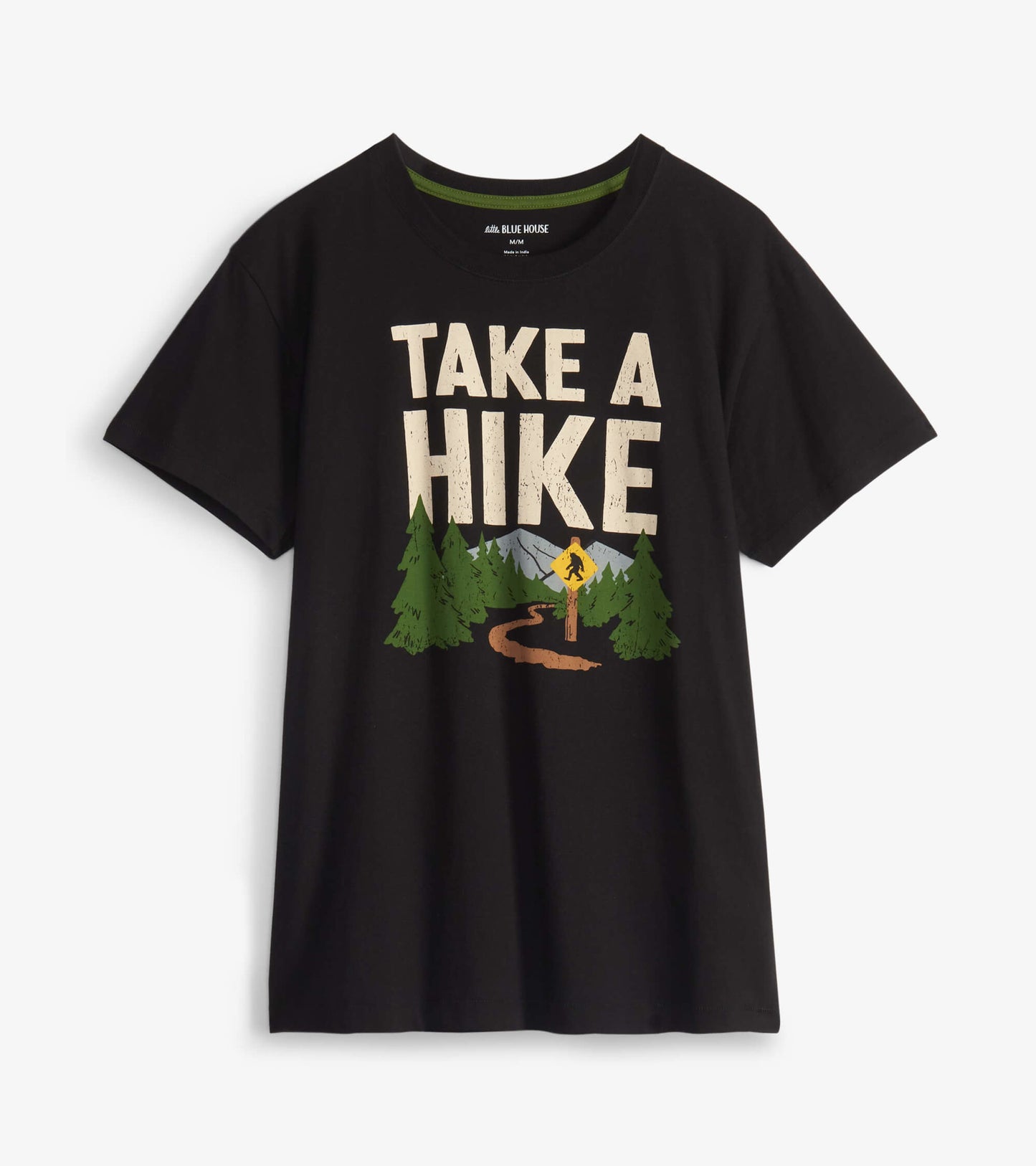 Black short-sleeve tee featuring a graphic design with trees, mountains, and the text "TAKE A HIKE.