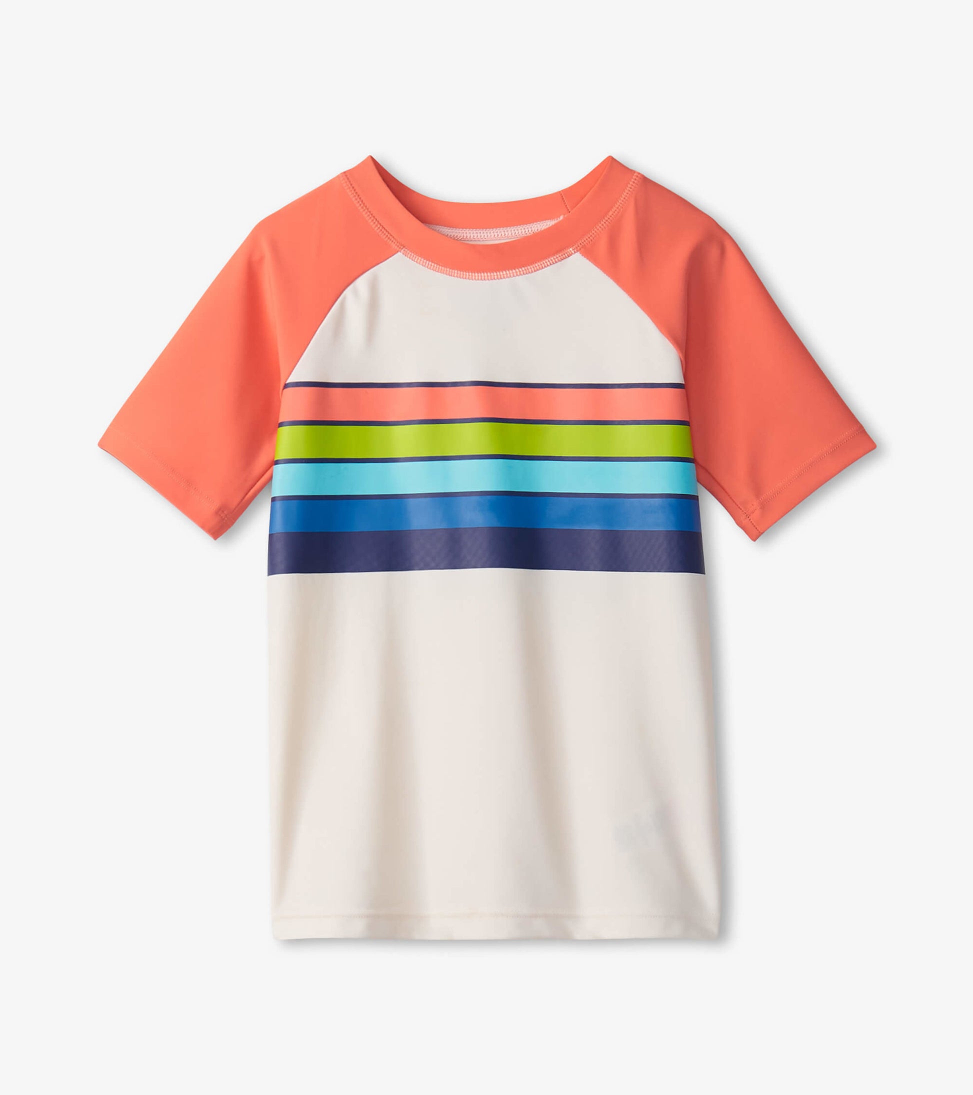 Short sleeve rashguard featuring coral sleeves and a white body with colorful horizontal stripes in blue, green, and pink.