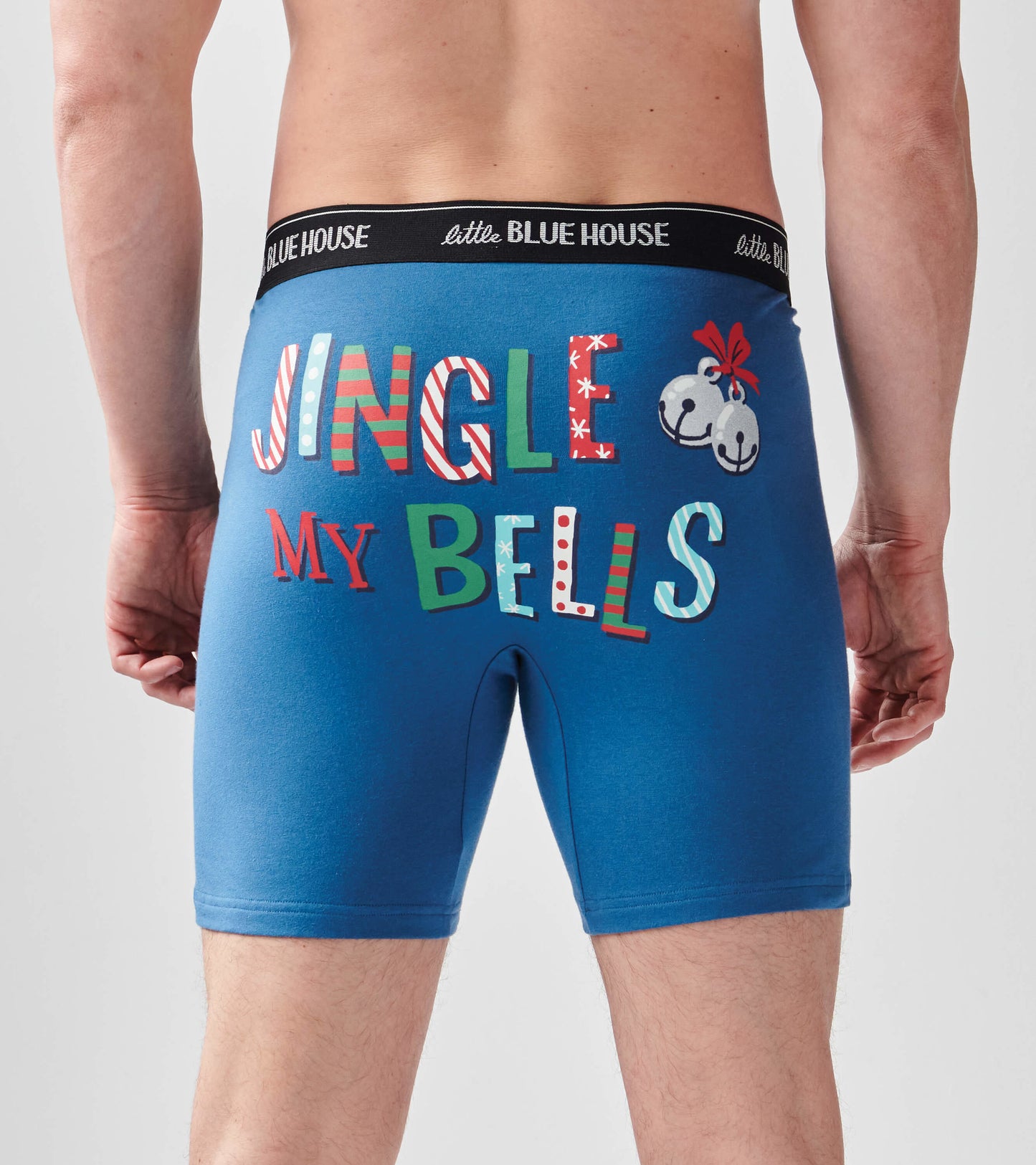 Blue boxers featuring colorful "JINGLE MY BELLS" text and a festive design, shown from the back.